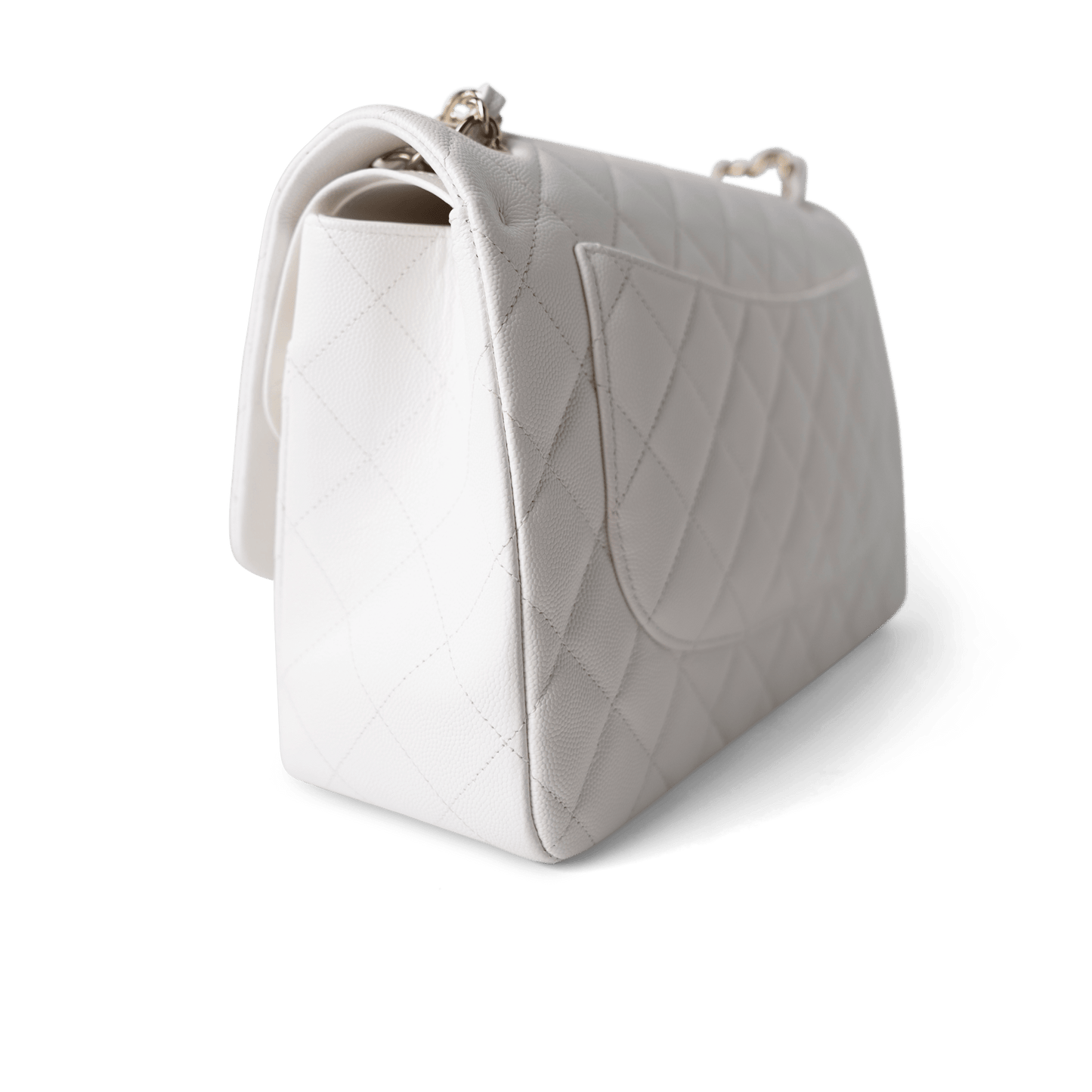 White Caviar Quilted Jumbo Classic Flap Light Gold Hardware