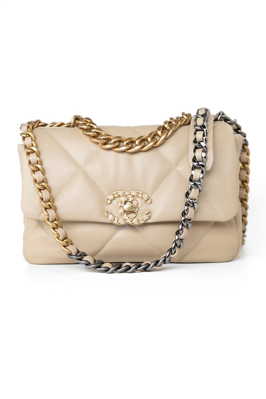 22S Beige Lambskin Quilted Small 19 Flap Mixed Hardware