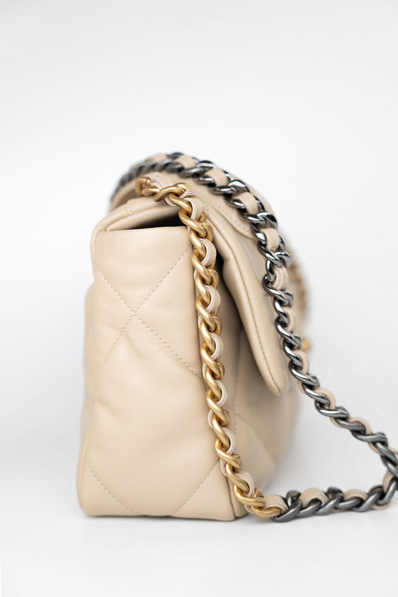 22S Beige Lambskin Quilted Small 19 Flap Mixed Hardware