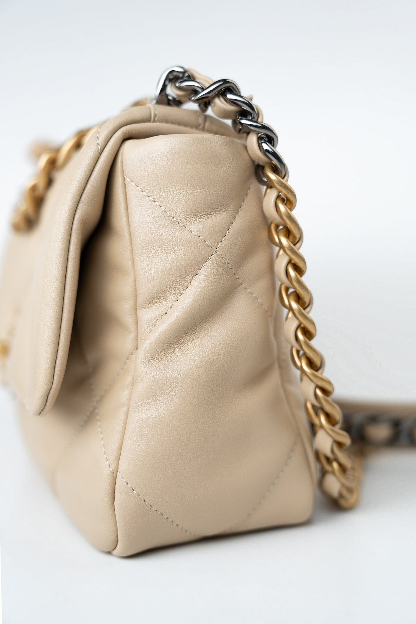 22S Beige Lambskin Quilted Small 19 Flap Mixed Hardware