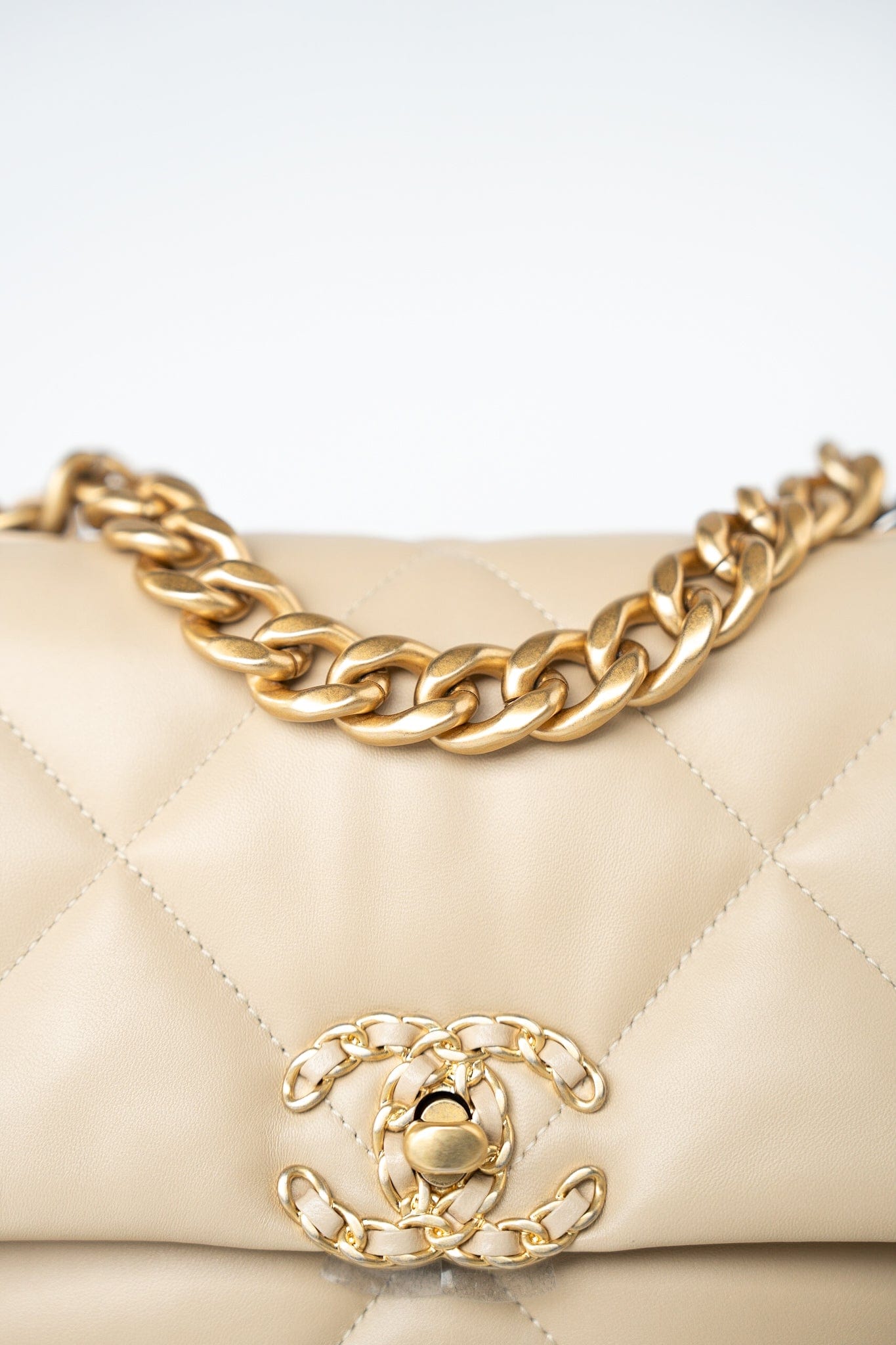 22S Beige Lambskin Quilted Small 19 Flap Mixed Hardware