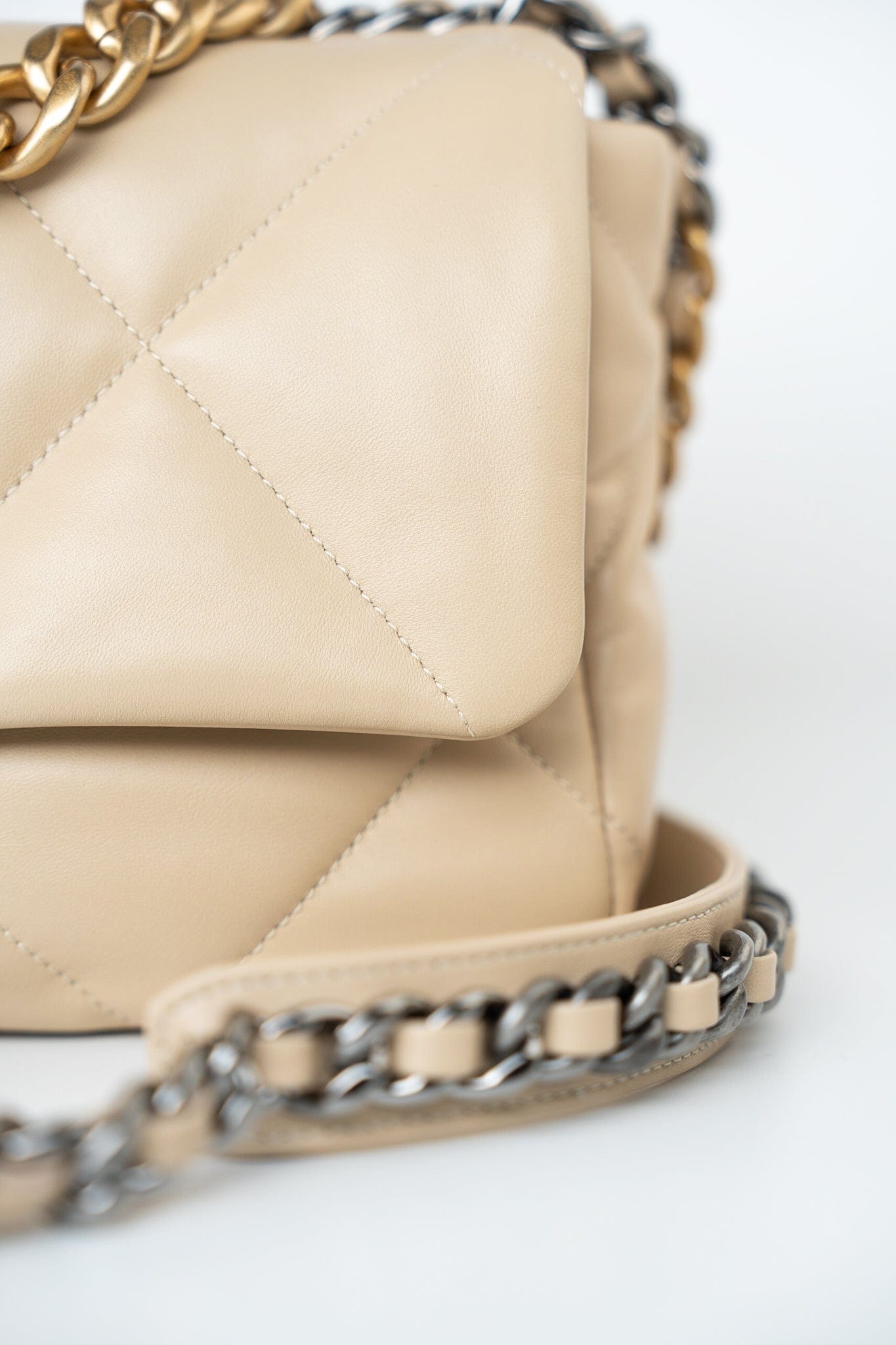 22S Beige Lambskin Quilted Small 19 Flap Mixed Hardware