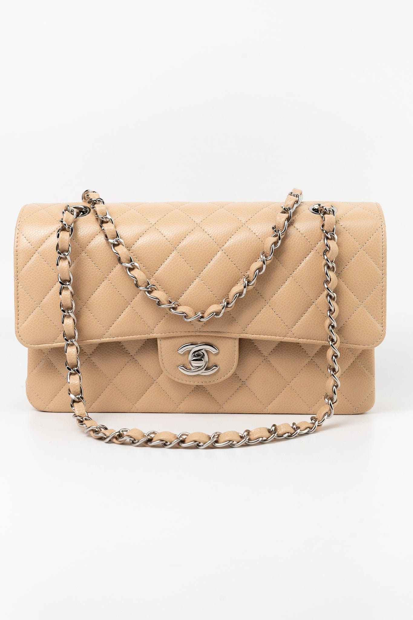 Beige Clair Caviar Quilted Classic Flap Medium Silver Hardware