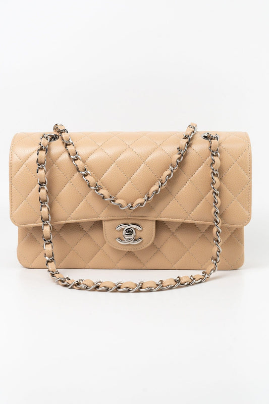 Beige Clair Caviar Quilted Classic Flap Medium Silver Hardware