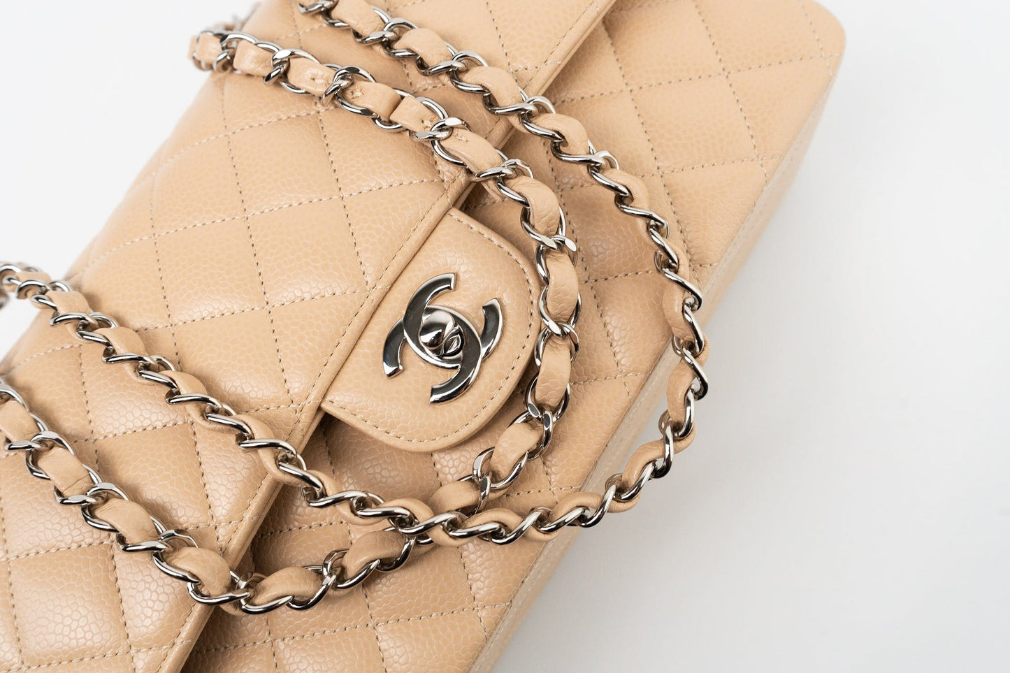 Beige Clair Caviar Quilted Classic Flap Medium Silver Hardware
