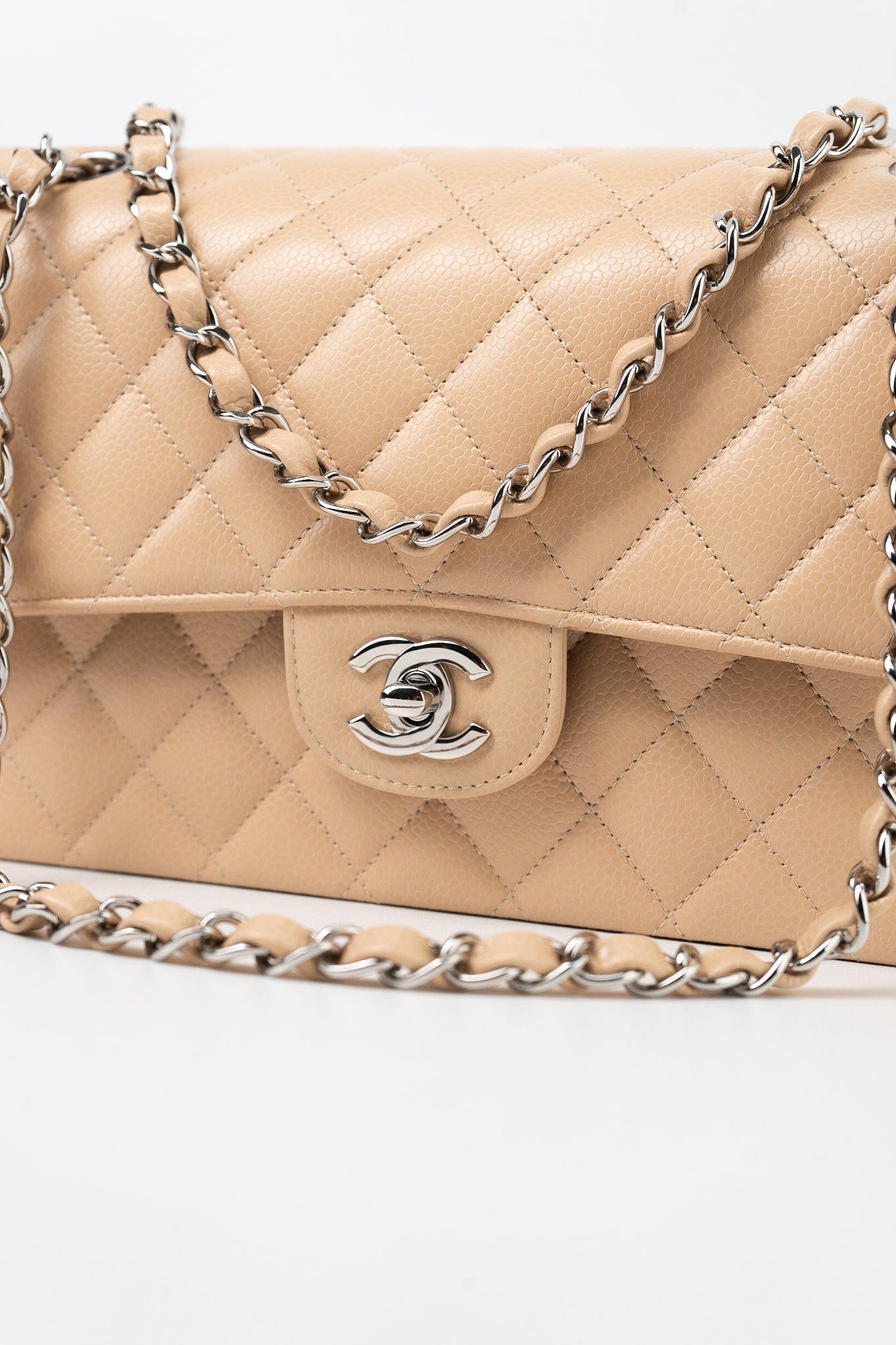 Beige Clair Caviar Quilted Classic Flap Medium Silver Hardware
