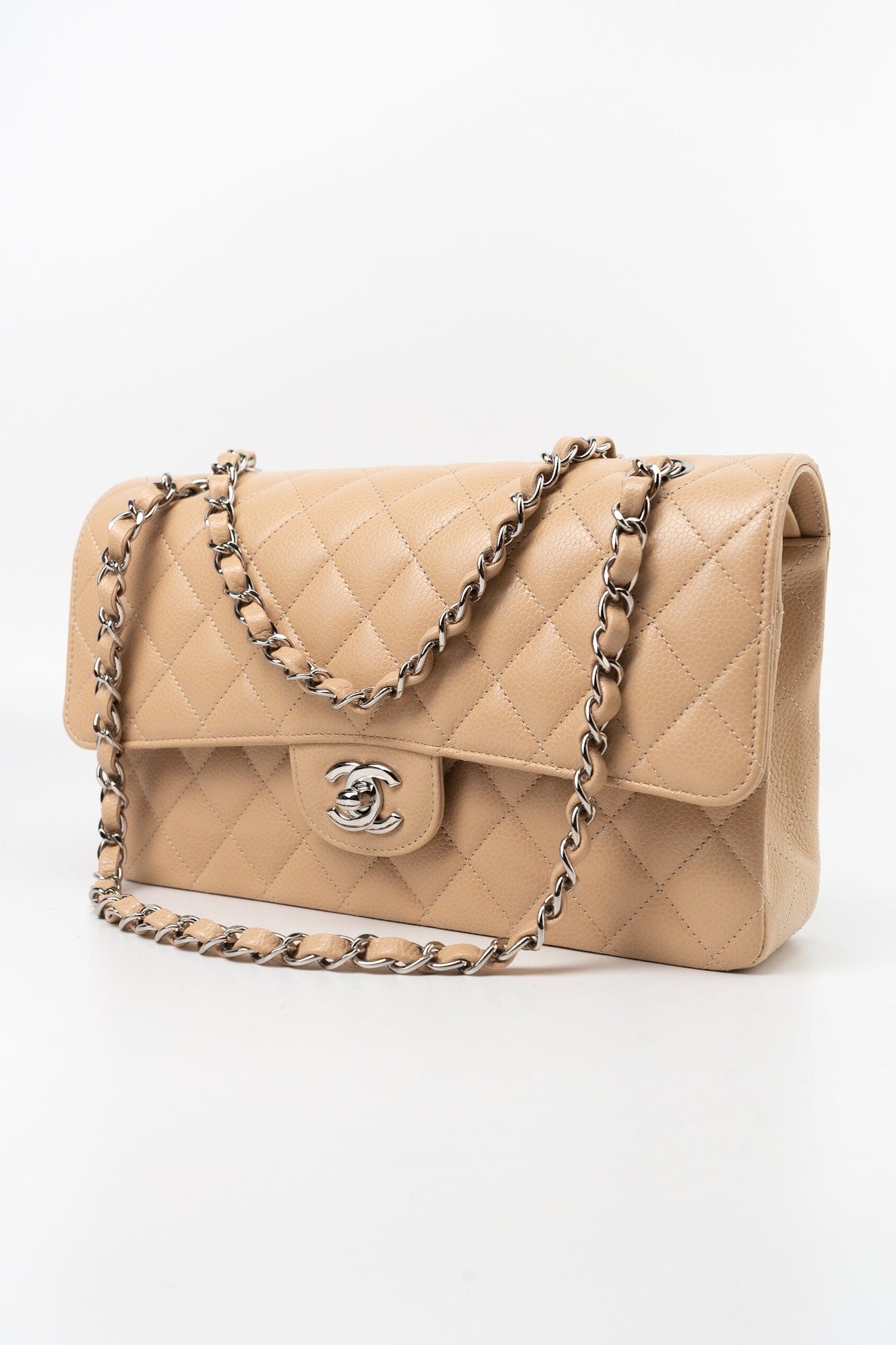 Beige Clair Caviar Quilted Classic Flap Medium Silver Hardware