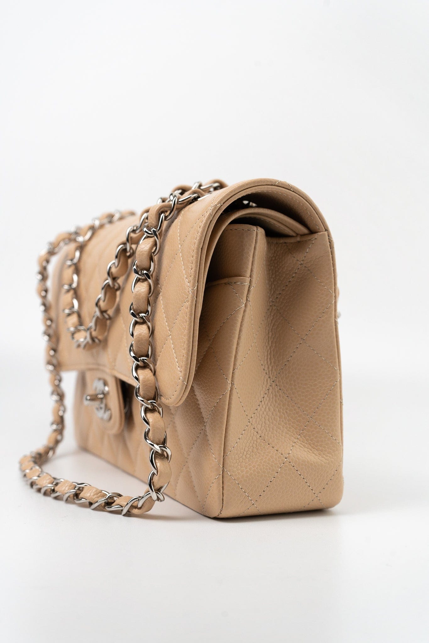 Beige Clair Caviar Quilted Classic Flap Medium Silver Hardware