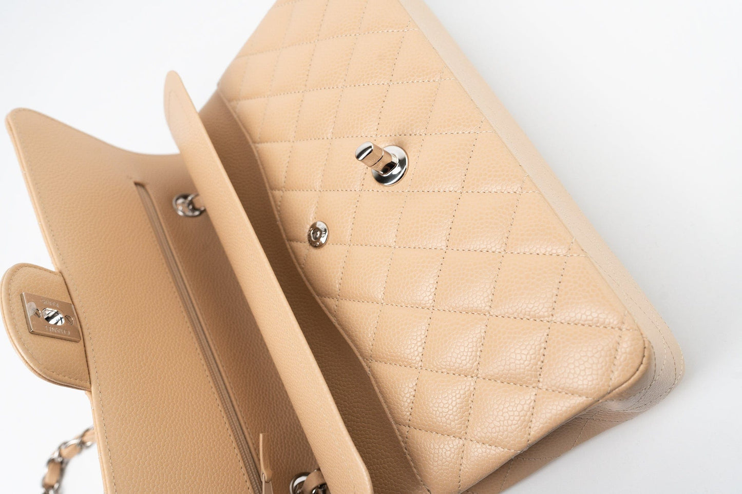 Beige Clair Caviar Quilted Classic Flap Medium Silver Hardware