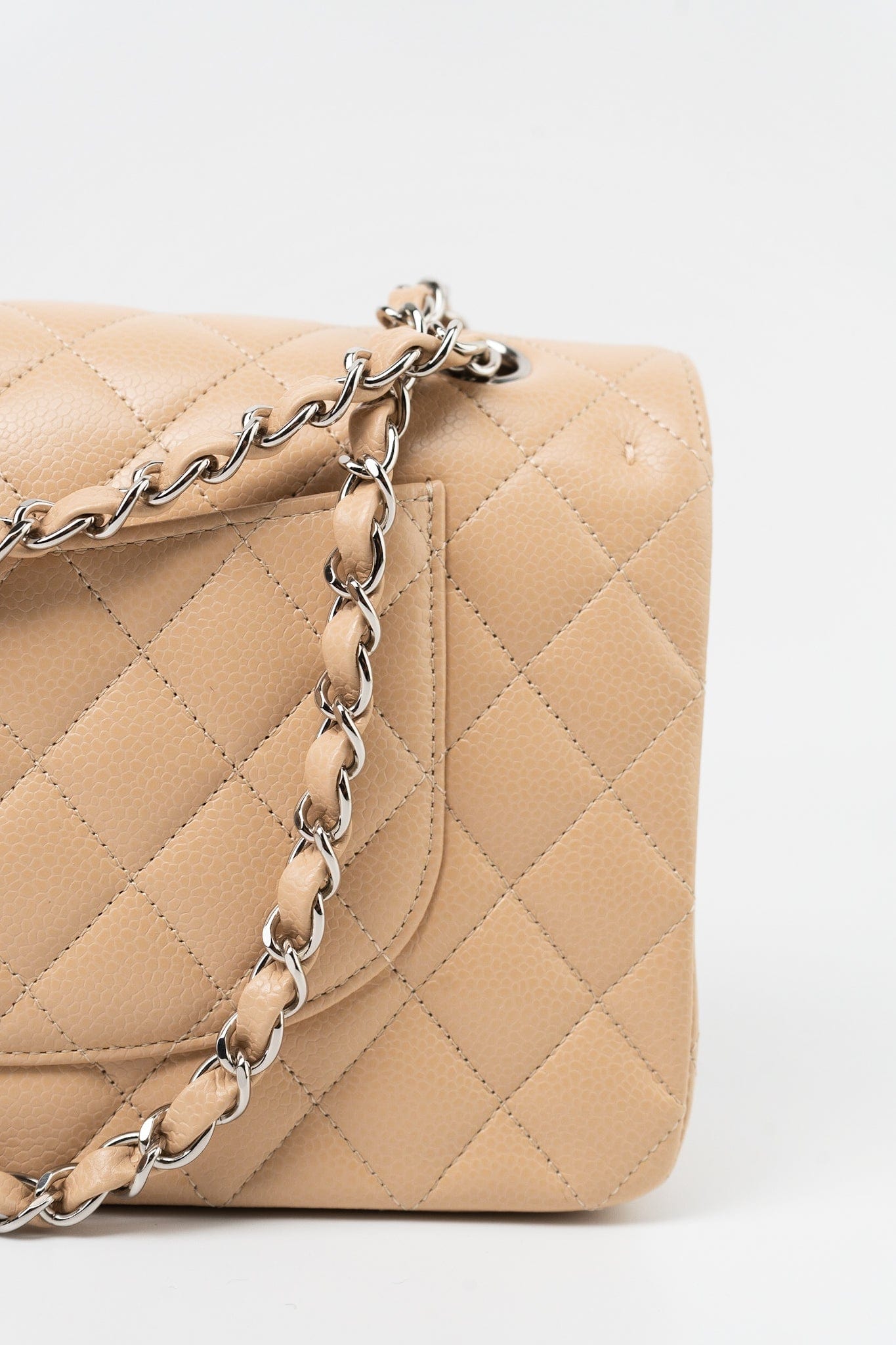 Beige Clair Caviar Quilted Classic Flap Medium Silver Hardware