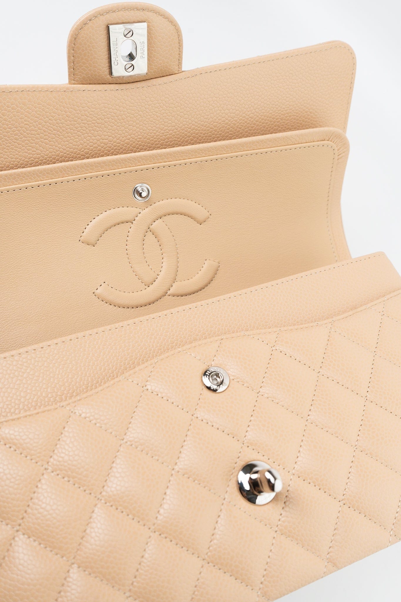 Beige Clair Caviar Quilted Classic Flap Medium Silver Hardware