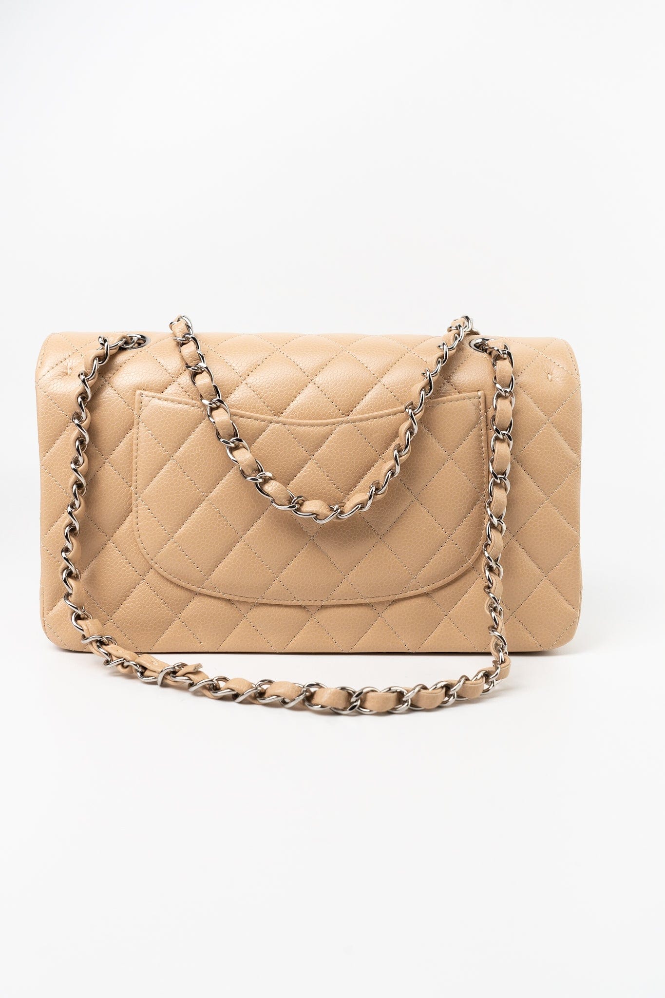 Beige Clair Caviar Quilted Classic Flap Medium Silver Hardware