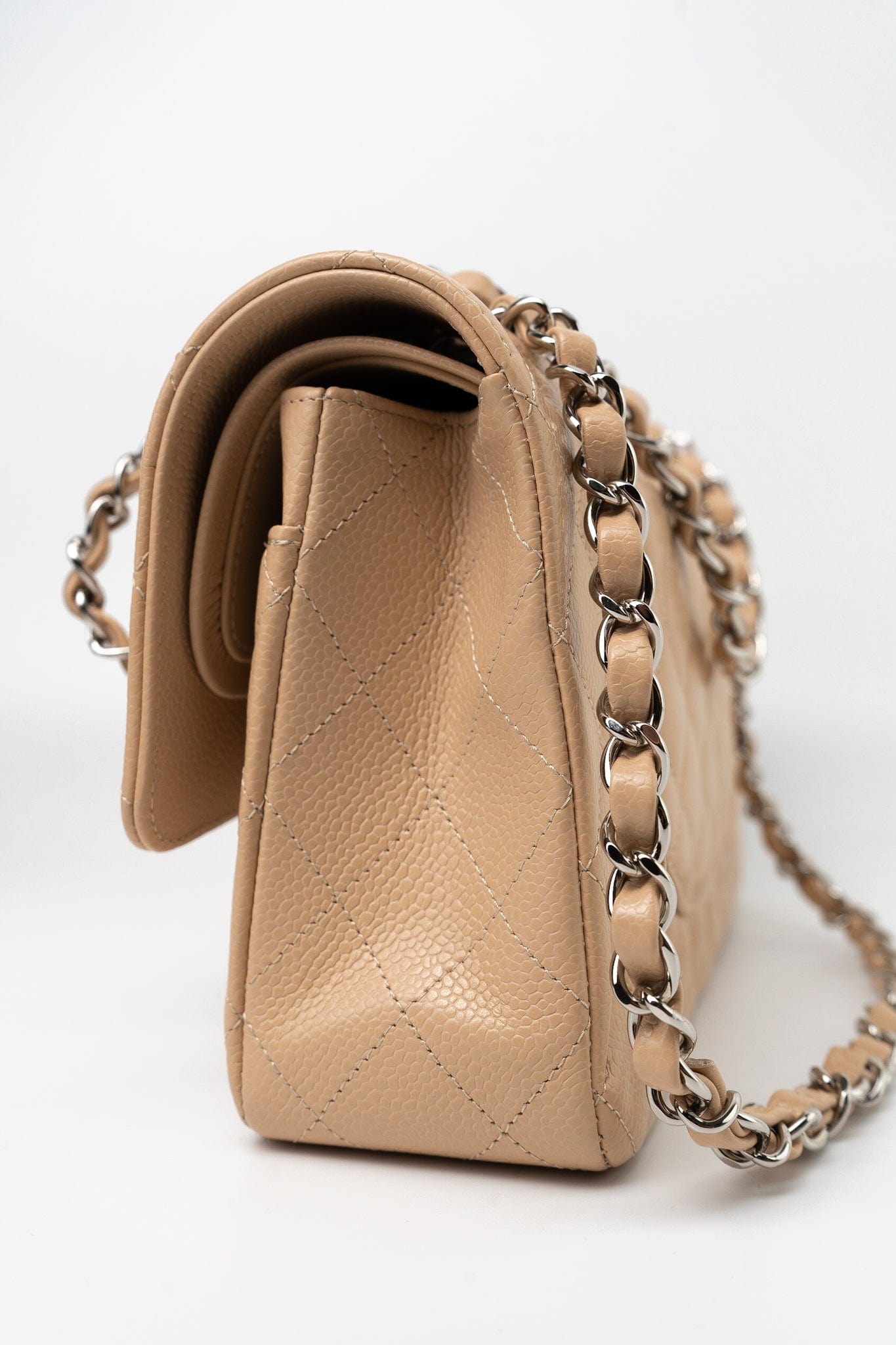 Beige Clair Caviar Quilted Classic Flap Medium Silver Hardware