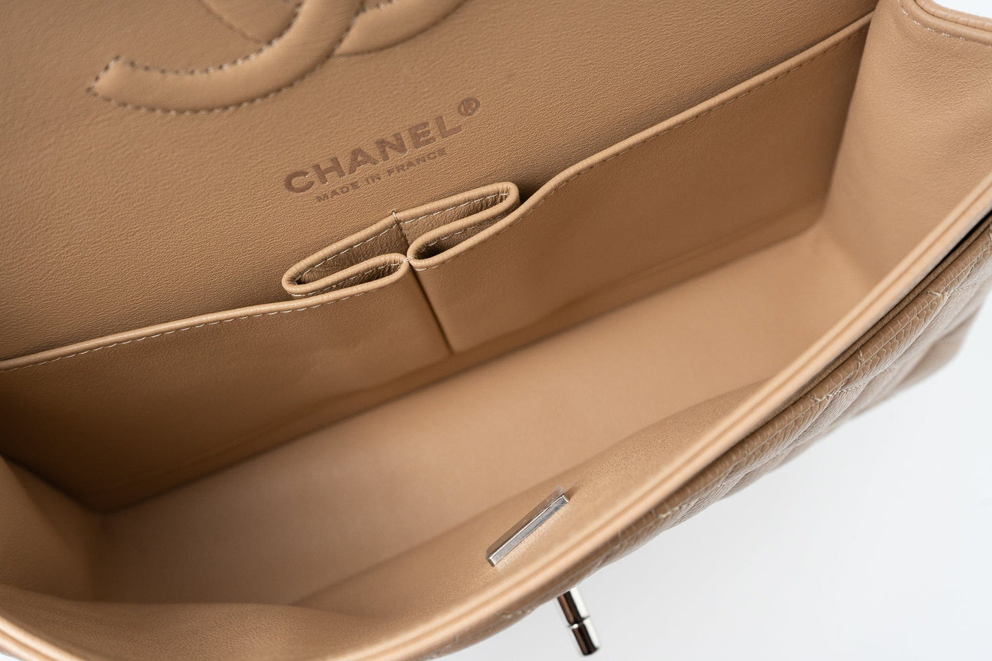 Beige Clair Caviar Quilted Classic Flap Medium Silver Hardware