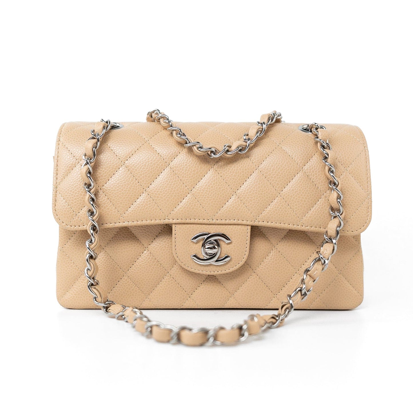 Beige Clair Caviar Quilted Classic Flap Small Silver Hardware