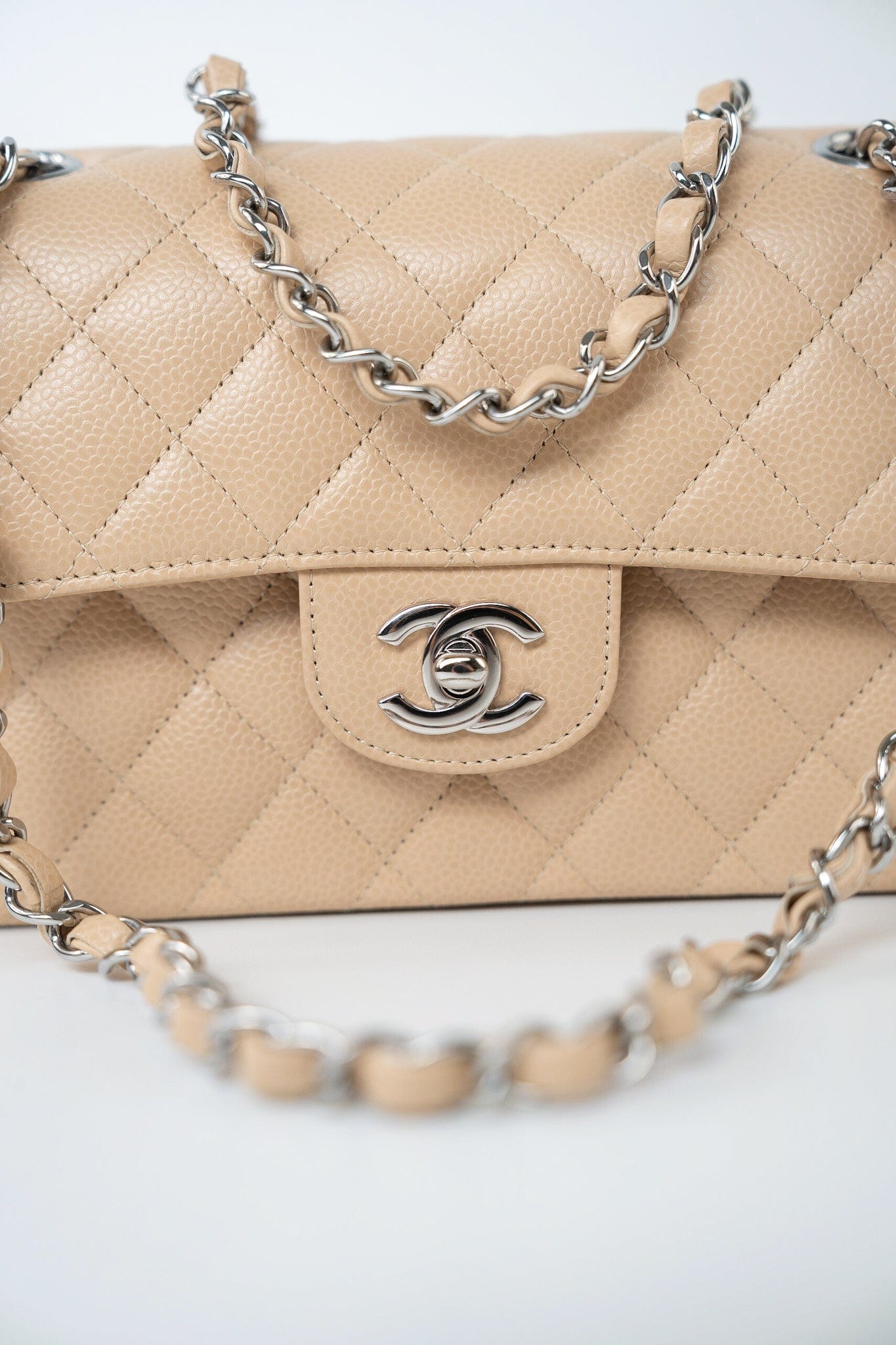 Beige Clair Caviar Quilted Classic Flap Small Silver Hardware
