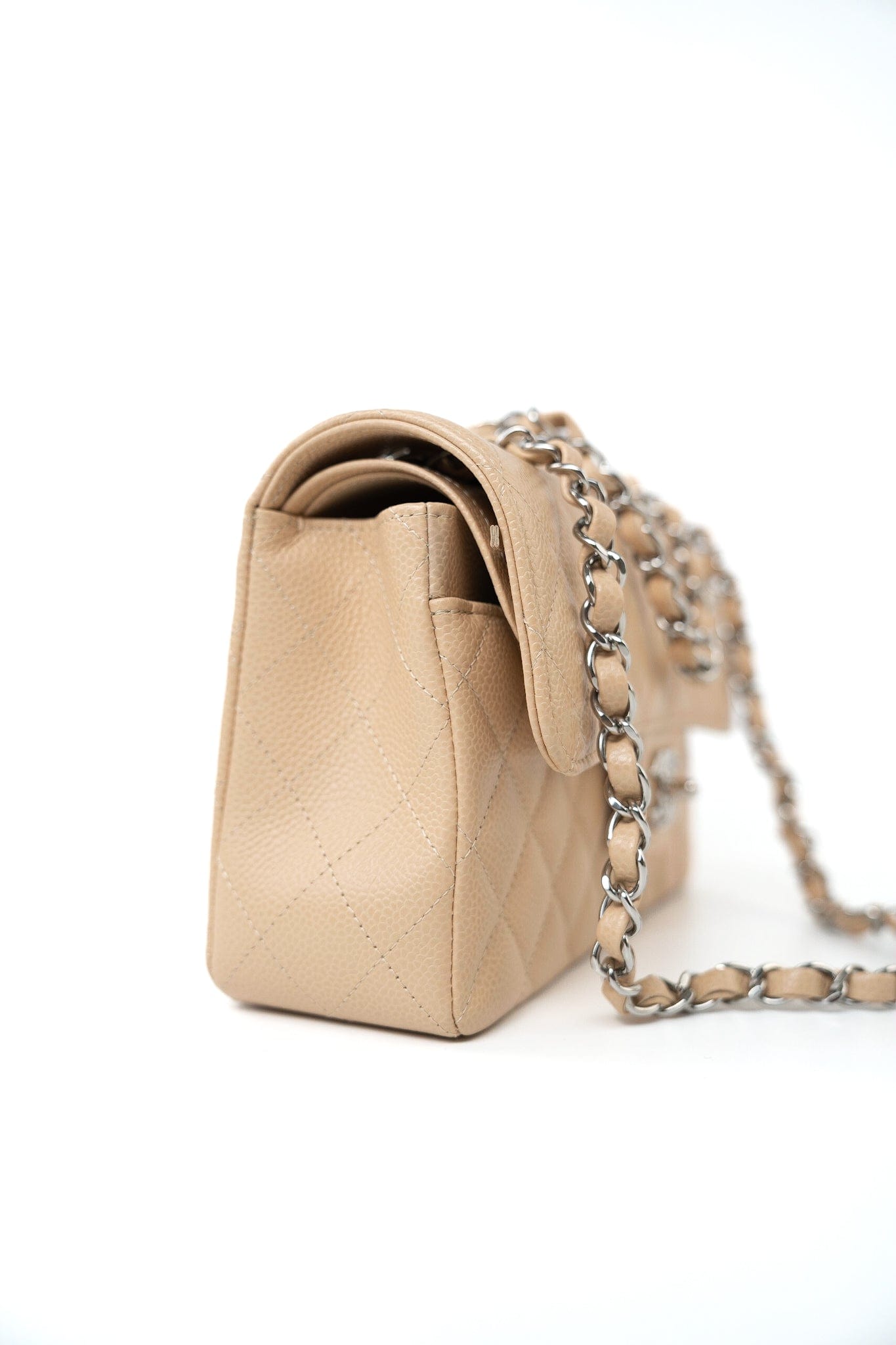 Beige Clair Caviar Quilted Classic Flap Small Silver Hardware