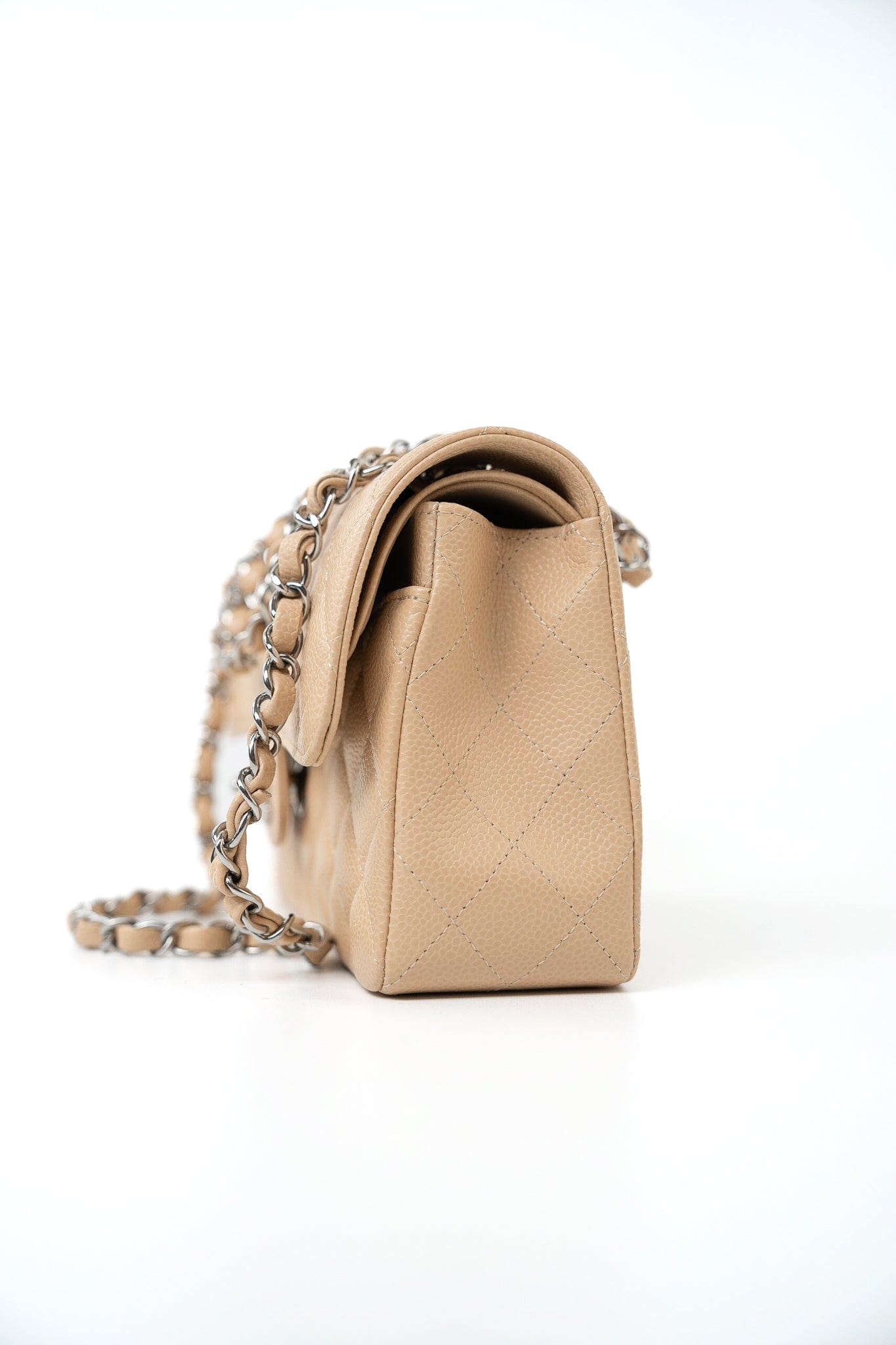 Beige Clair Caviar Quilted Classic Flap Small Silver Hardware