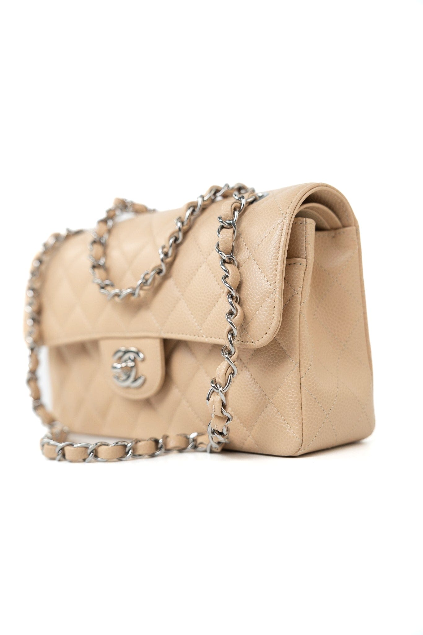 Beige Clair Caviar Quilted Classic Flap Small Silver Hardware
