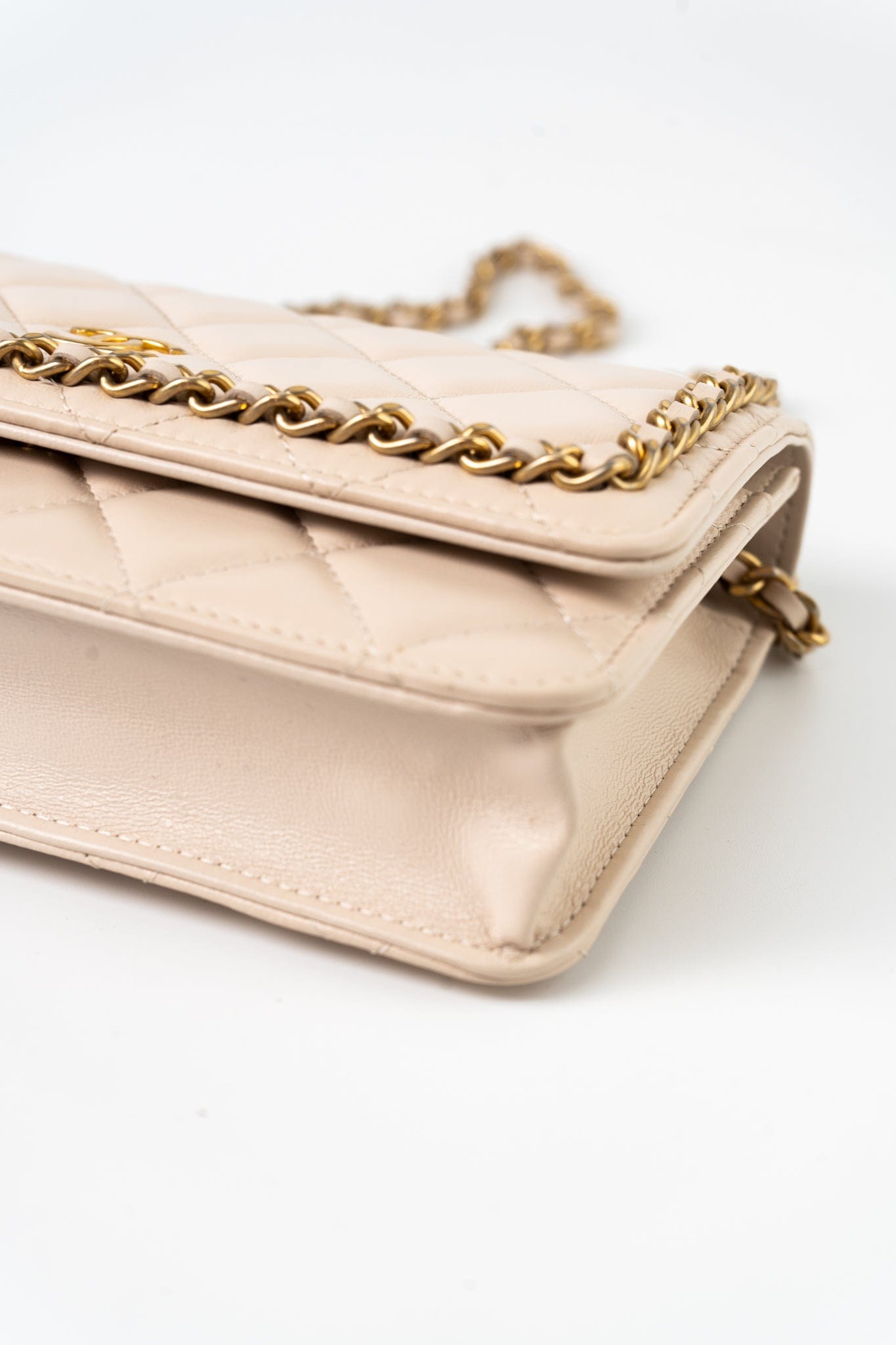 Nude/ Ecru Lambskin Quilted Chain Around Wallet On Chain WOC Aged Gold Hardware