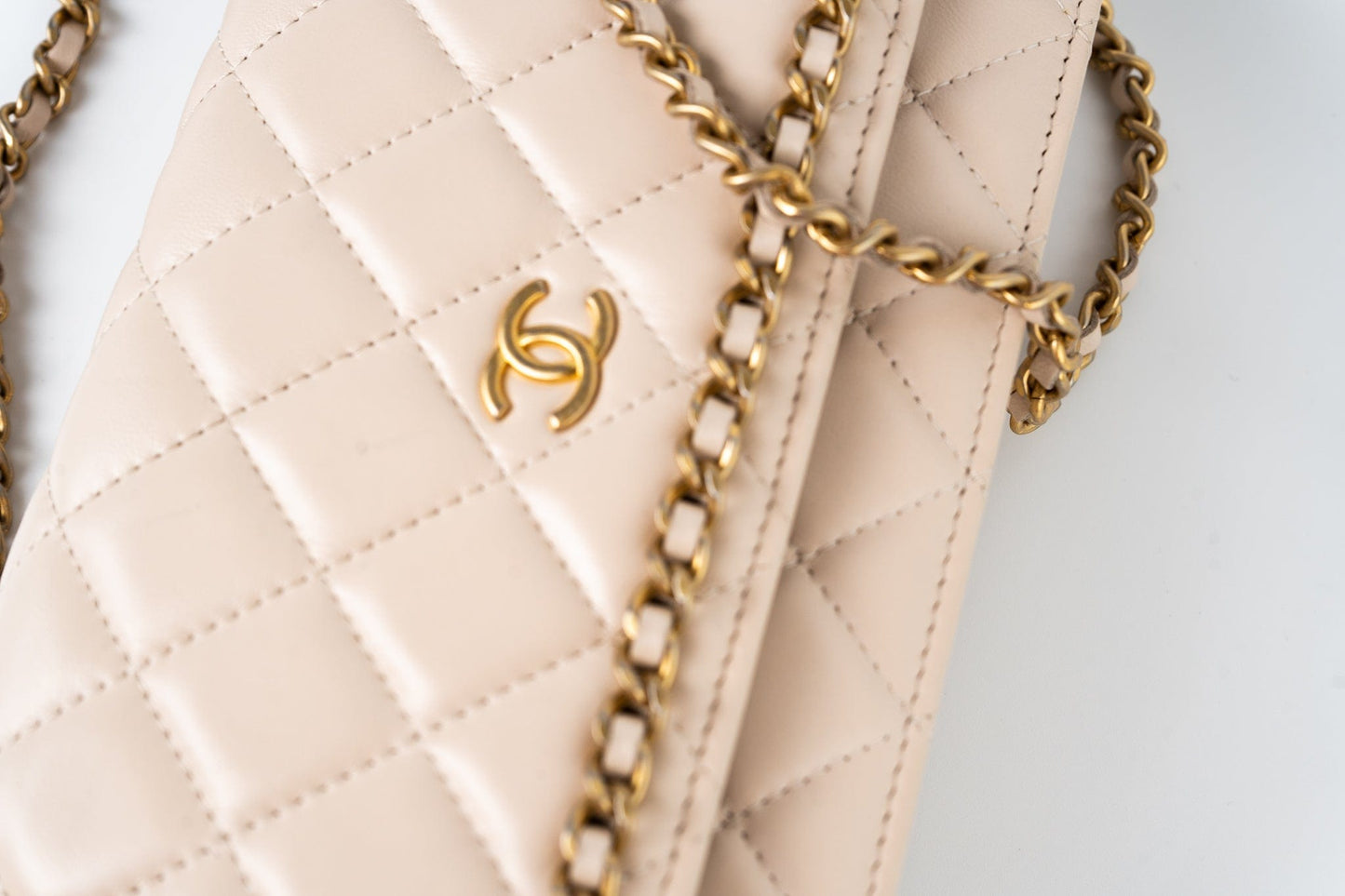 Nude/ Ecru Lambskin Quilted Chain Around Wallet On Chain WOC Aged Gold Hardware