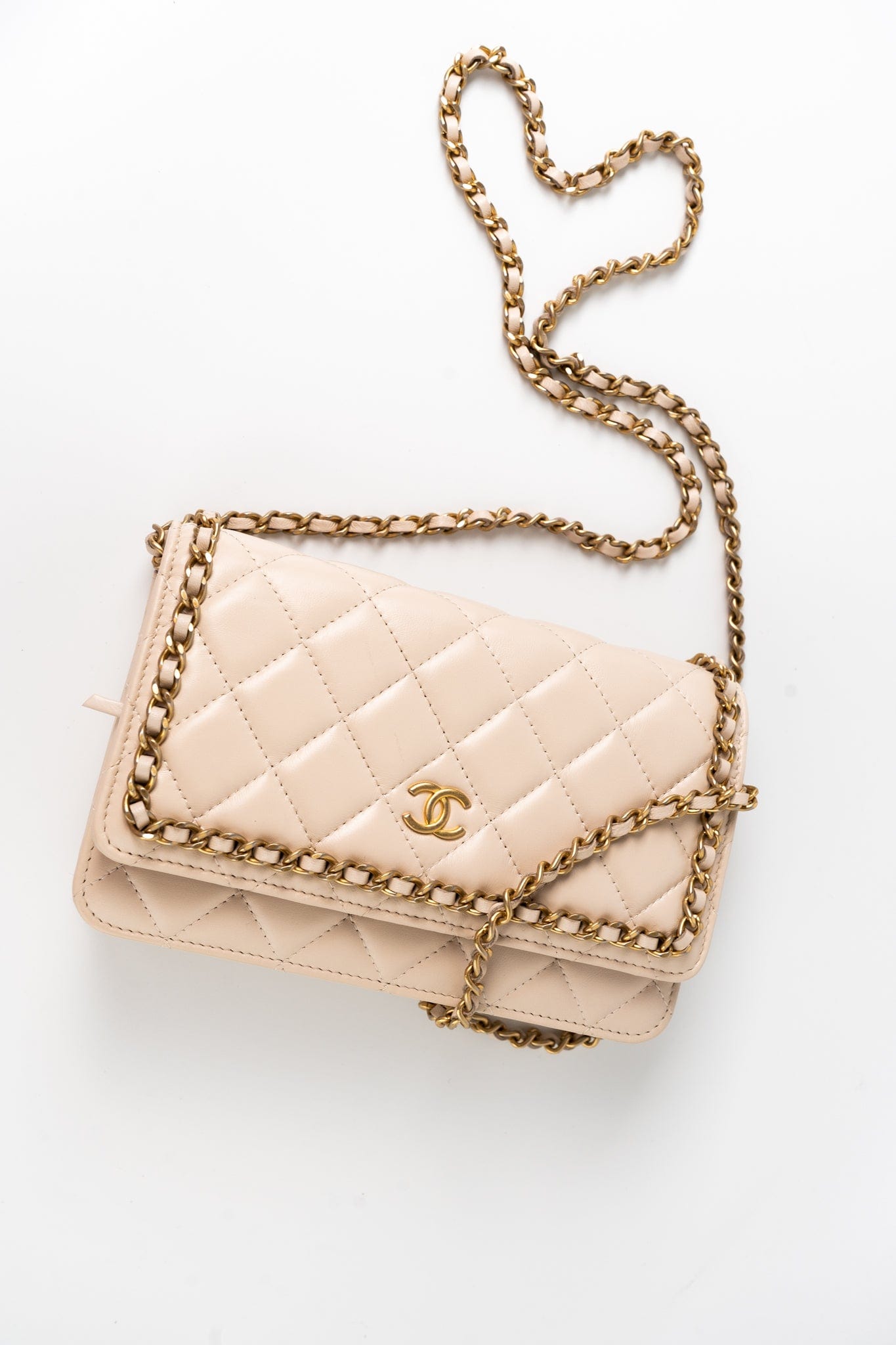 Nude/ Ecru Lambskin Quilted Chain Around Wallet On Chain WOC Aged Gold Hardware