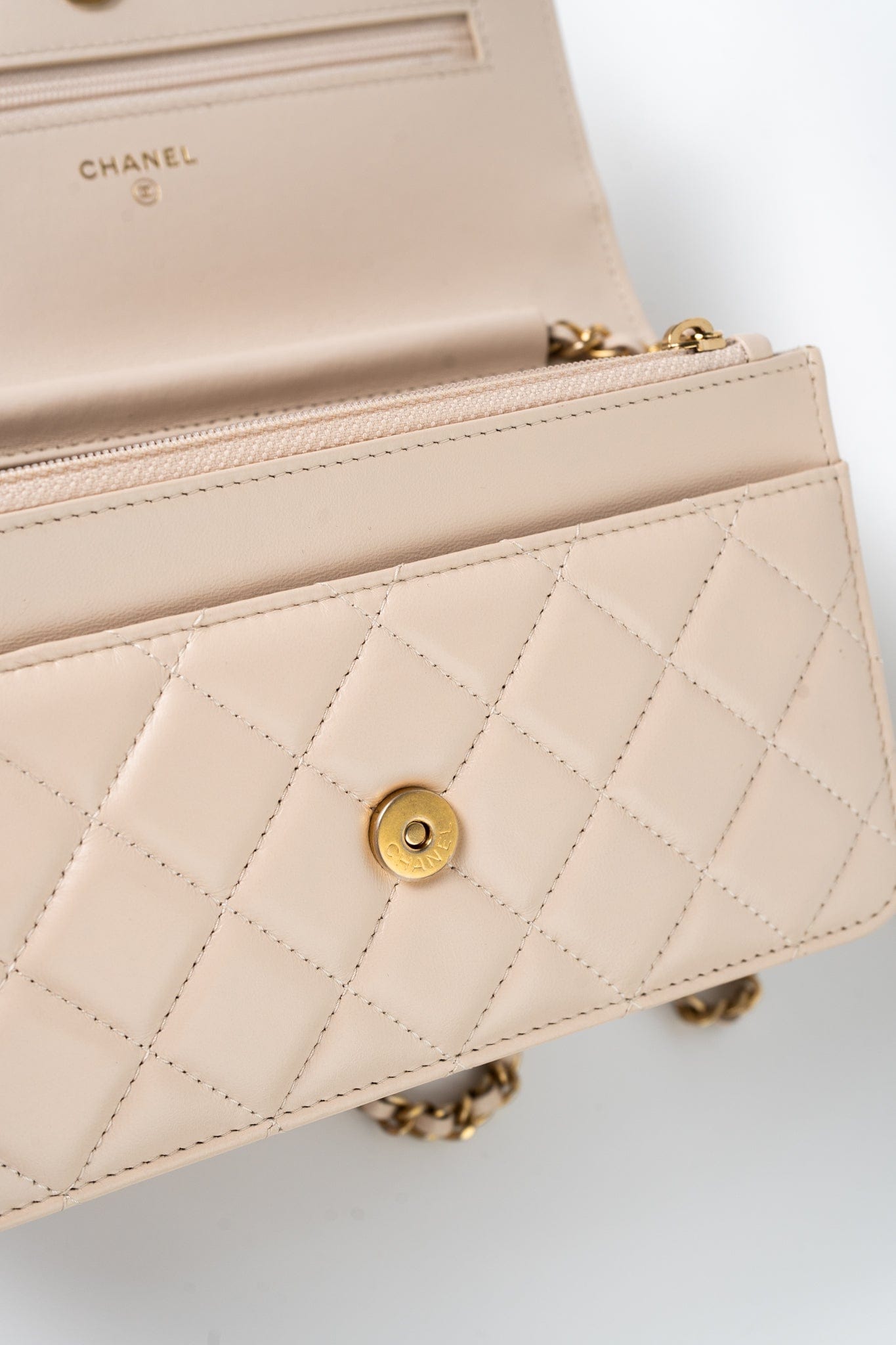 Nude/ Ecru Lambskin Quilted Chain Around Wallet On Chain WOC Aged Gold Hardware