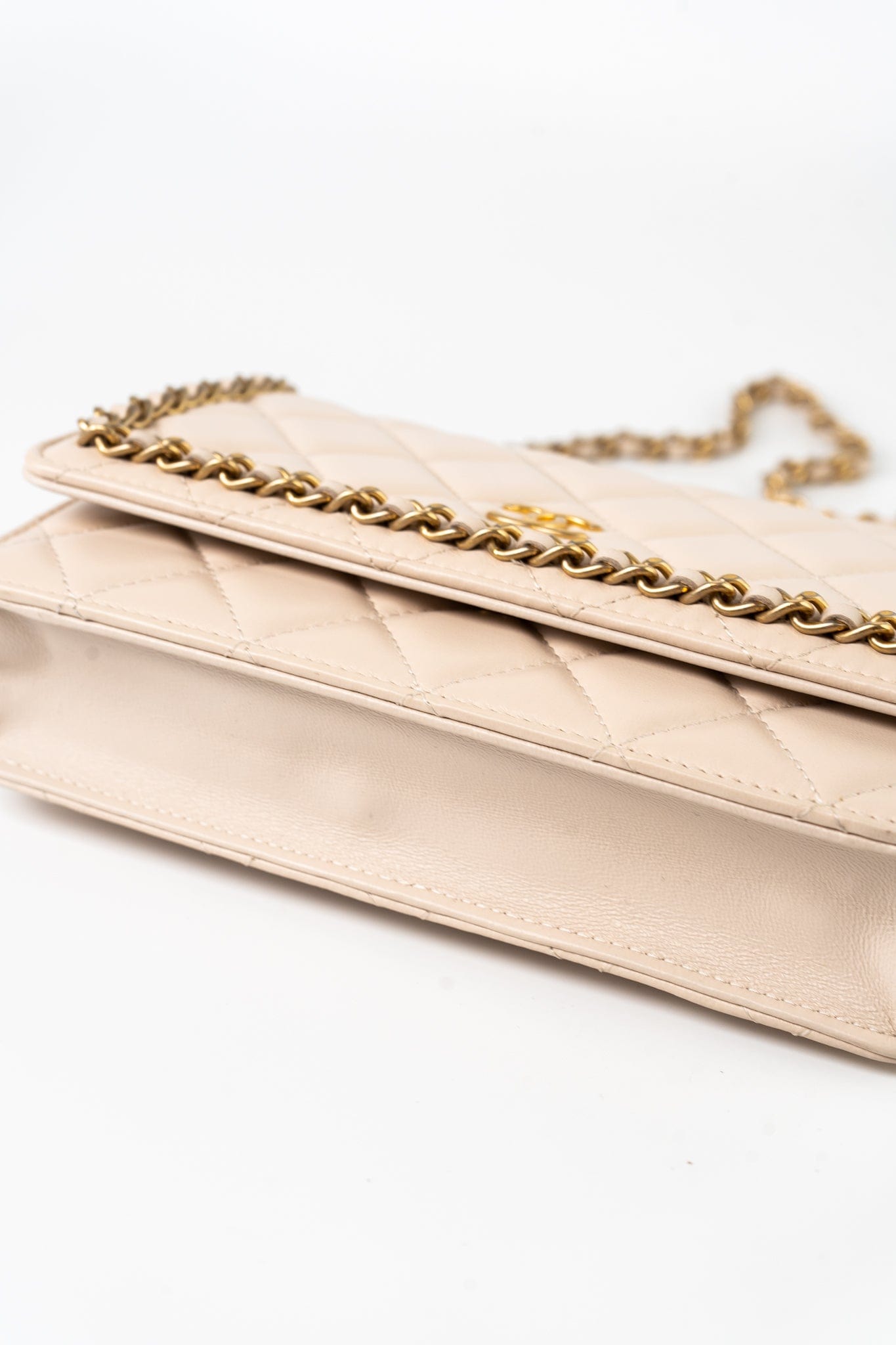 Nude/ Ecru Lambskin Quilted Chain Around Wallet On Chain WOC Aged Gold Hardware