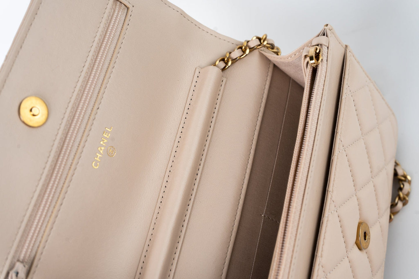 Nude/ Ecru Lambskin Quilted Chain Around Wallet On Chain WOC Aged Gold Hardware