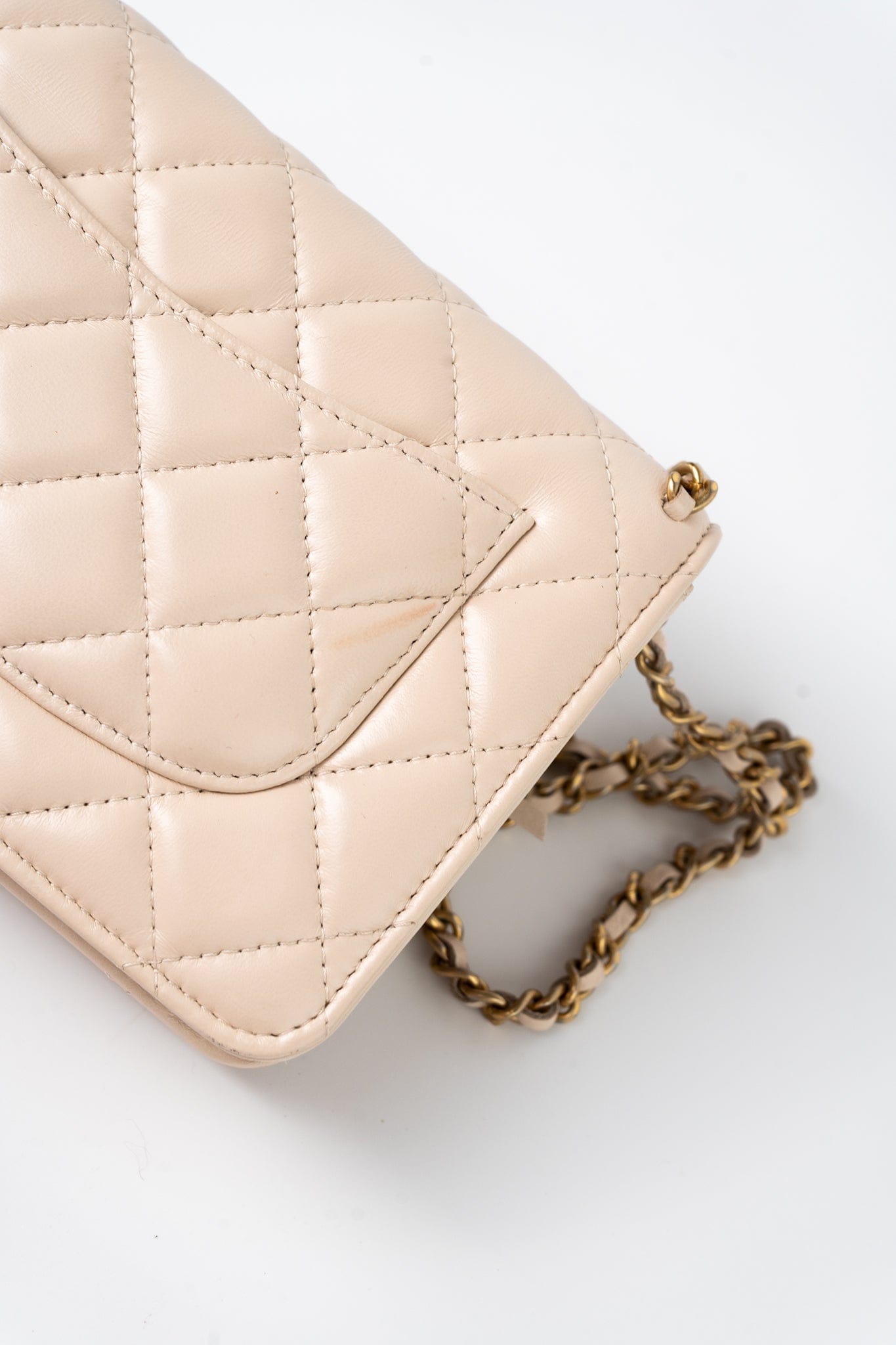 Nude/ Ecru Lambskin Quilted Chain Around Wallet On Chain WOC Aged Gold Hardware