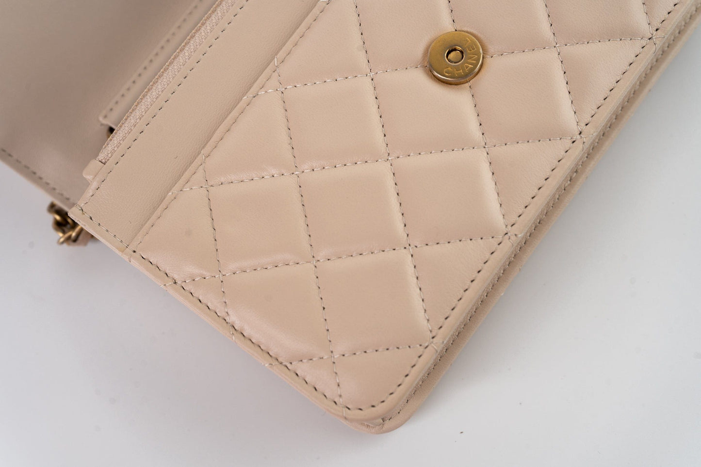 Nude/ Ecru Lambskin Quilted Chain Around Wallet On Chain WOC Aged Gold Hardware