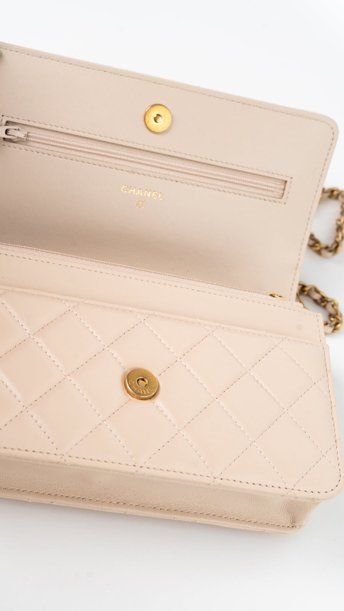 Nude/ Ecru Lambskin Quilted Chain Around Wallet On Chain WOC Aged Gold Hardware