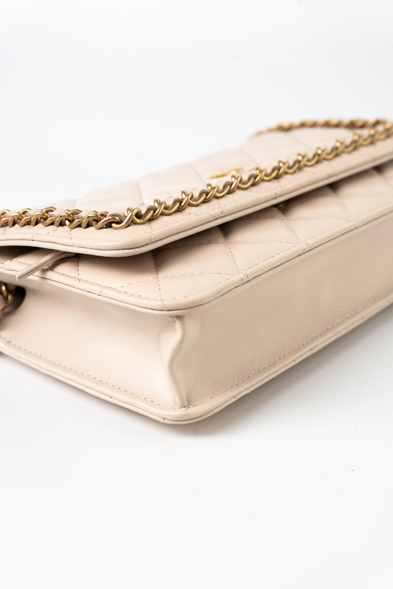 Nude/ Ecru Lambskin Quilted Chain Around Wallet On Chain WOC Aged Gold Hardware