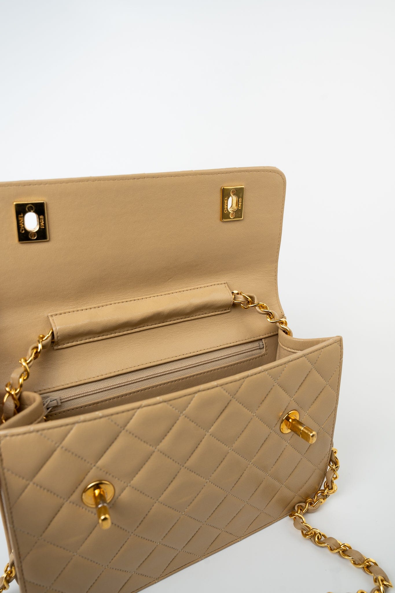 Vintage Beige Double Turnlock Single Flap Briefcase Bag Gold Hardware