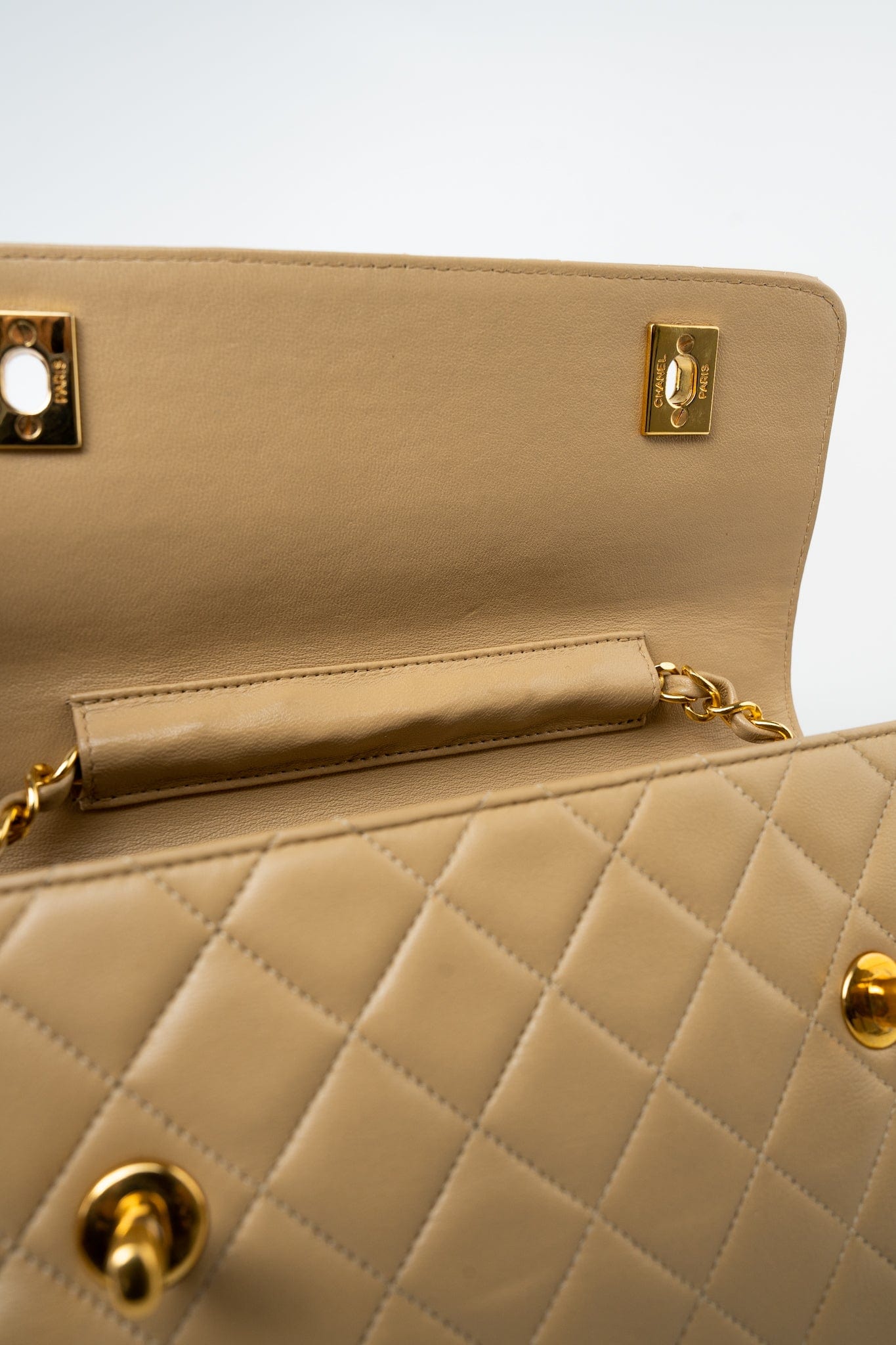 Vintage Beige Double Turnlock Single Flap Briefcase Bag Gold Hardware