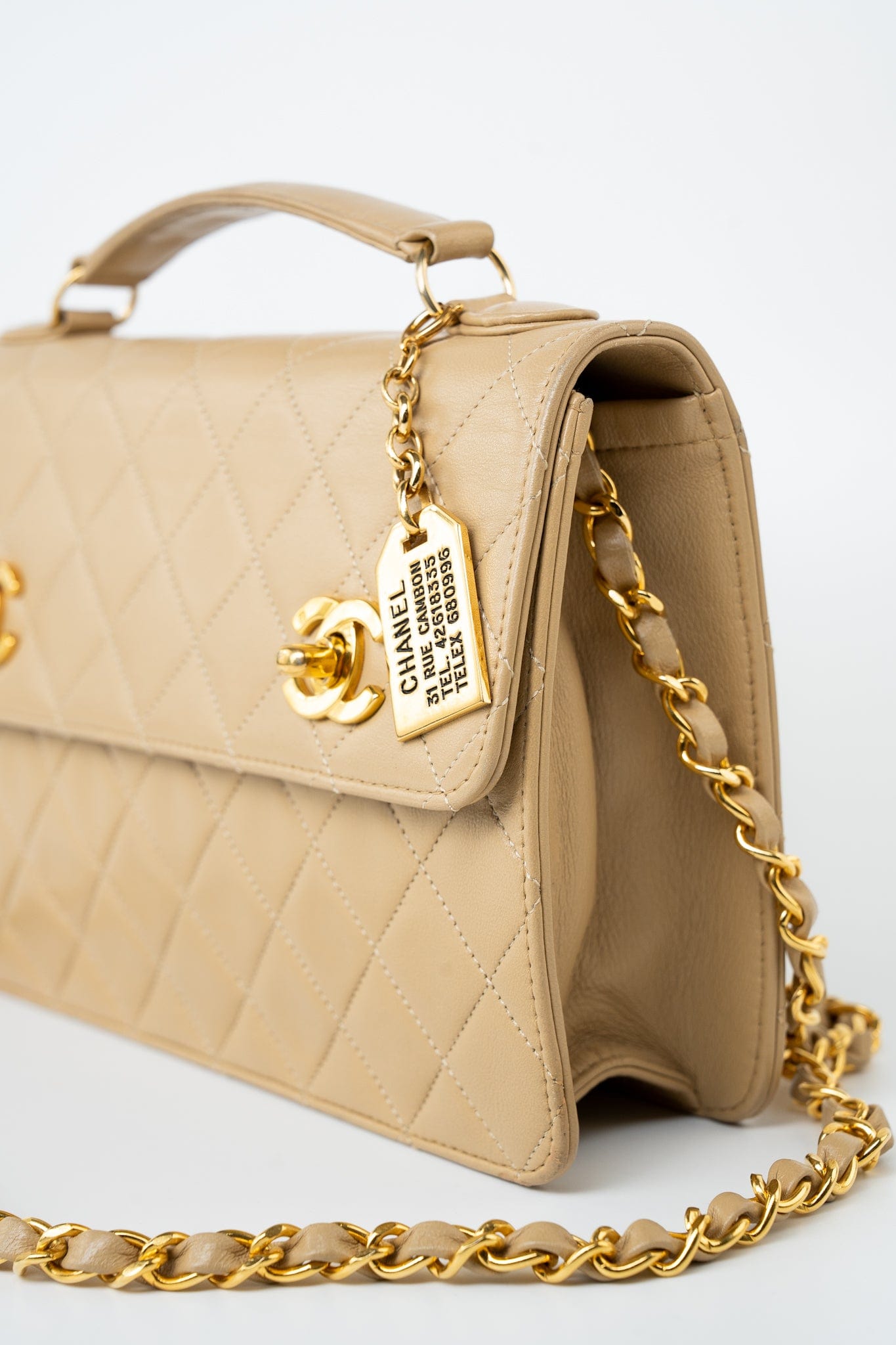 Vintage Beige Double Turnlock Single Flap Briefcase Bag Gold Hardware