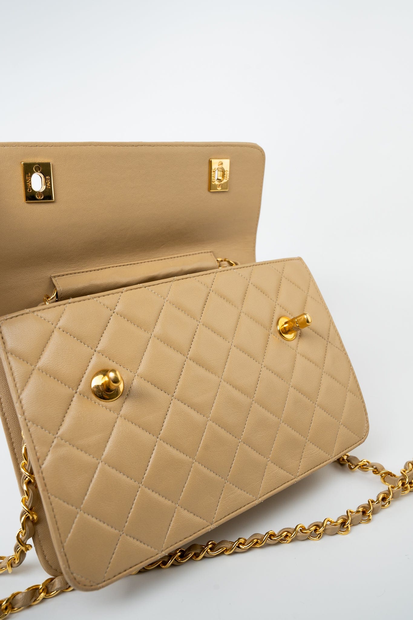 Vintage Beige Double Turnlock Single Flap Briefcase Bag Gold Hardware