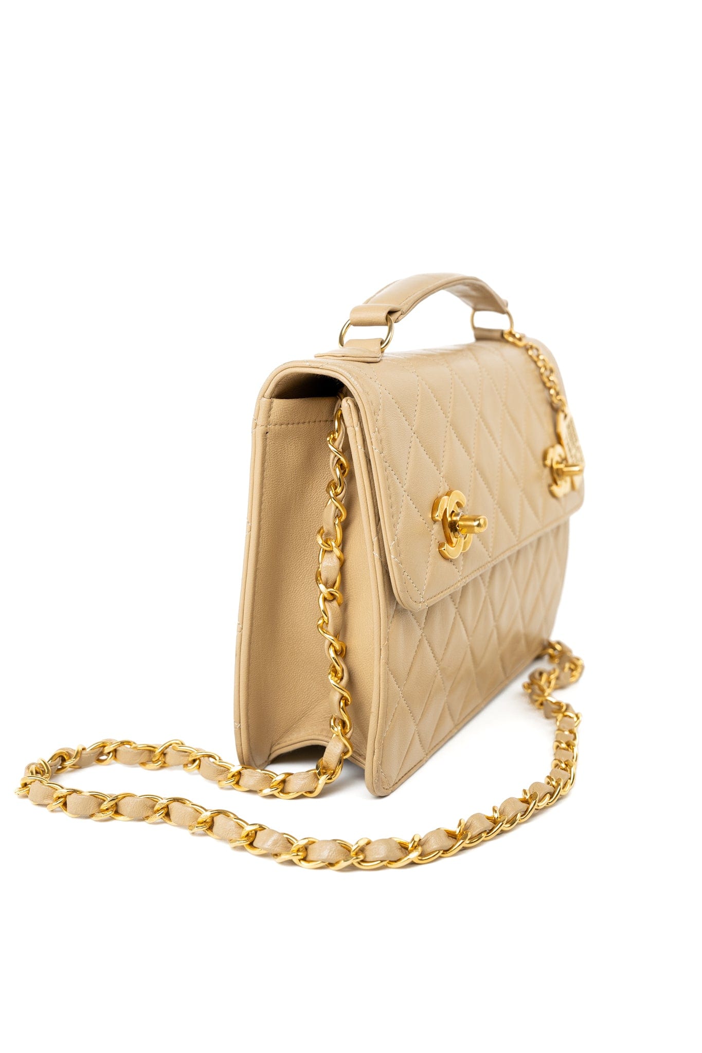 Vintage Beige Double Turnlock Single Flap Briefcase Bag Gold Hardware