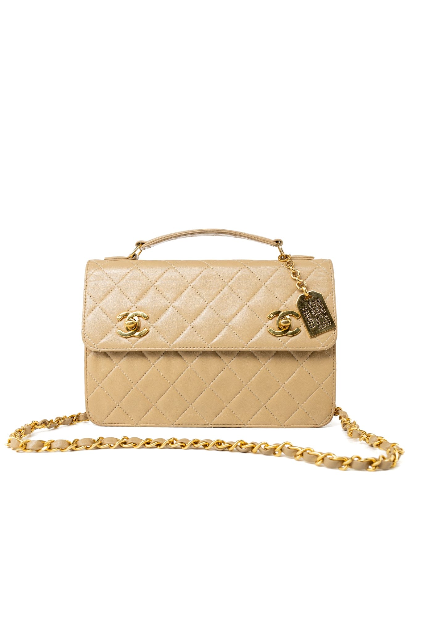 Vintage Beige Double Turnlock Single Flap Briefcase Bag Gold Hardware