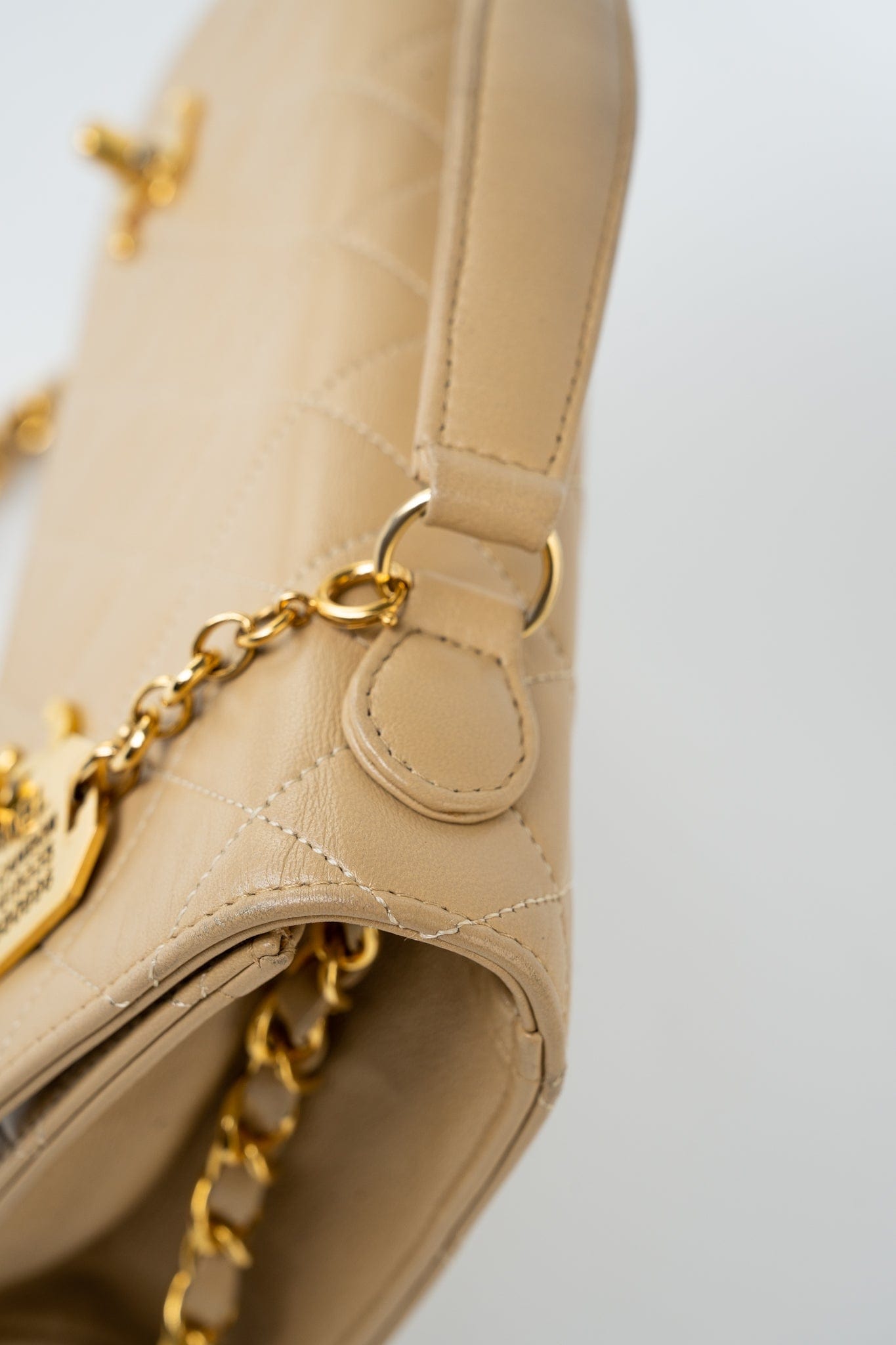 Vintage Beige Double Turnlock Single Flap Briefcase Bag Gold Hardware