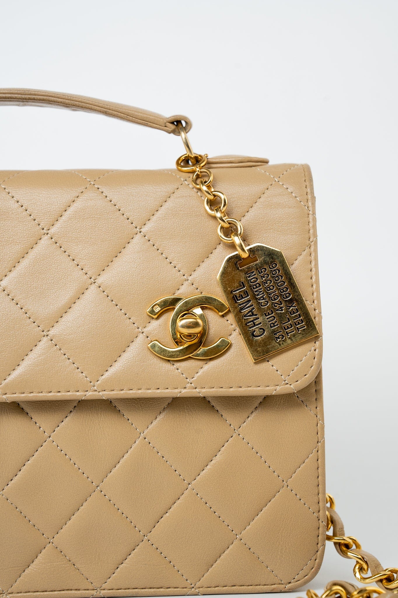 Vintage Beige Double Turnlock Single Flap Briefcase Bag Gold Hardware