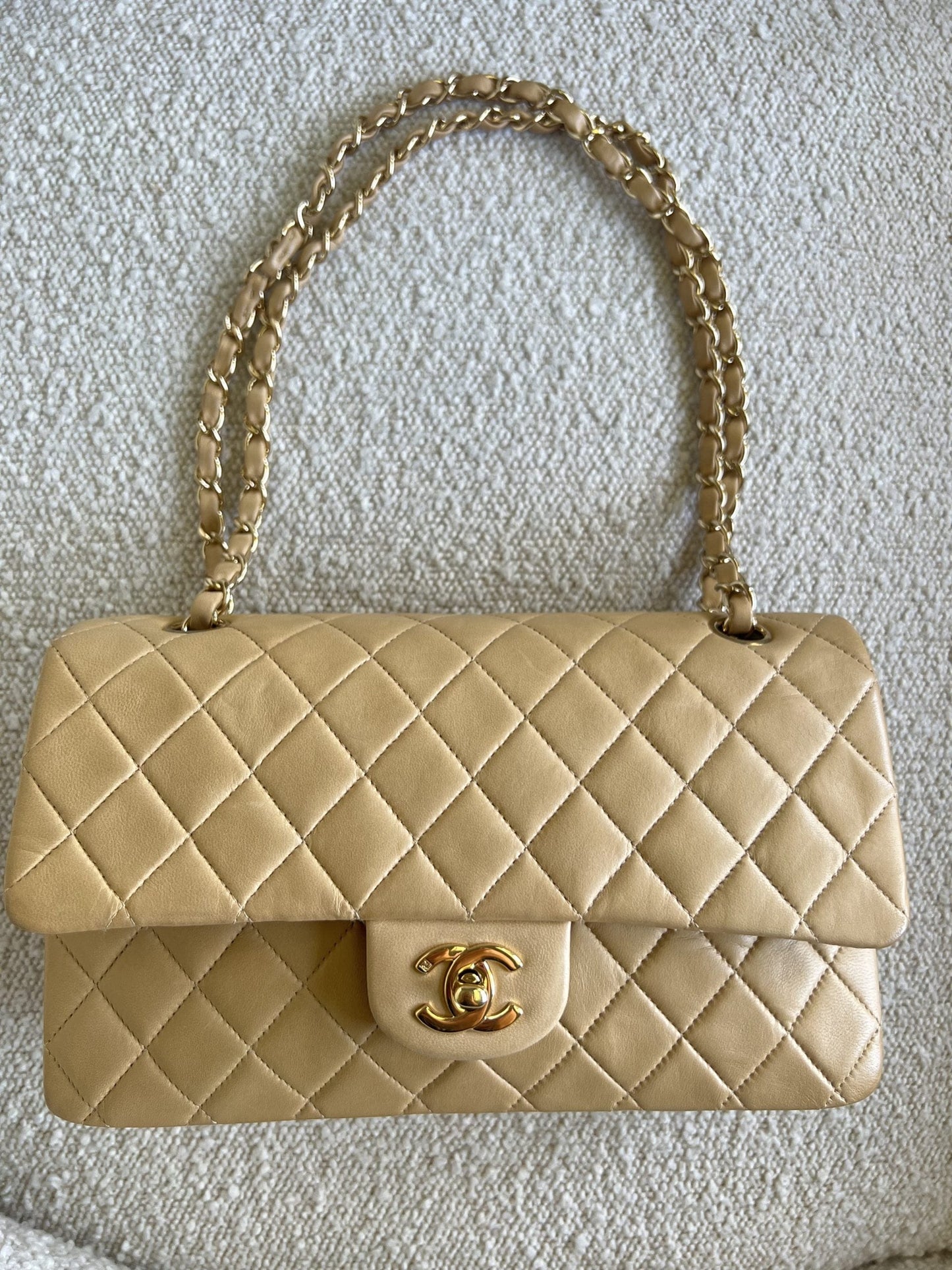 Vintage Beige Lambskin Quilted Classic Flap Medium GHW