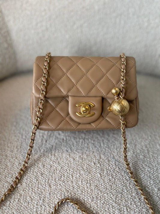 Dark Beige Lambskin Quilted Pearl Crush Mini Aged Hardware