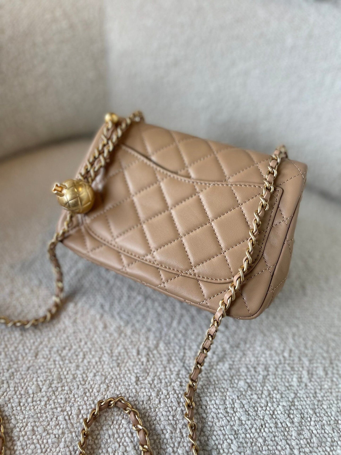 Dark Beige Lambskin Quilted Pearl Crush Mini Aged Hardware