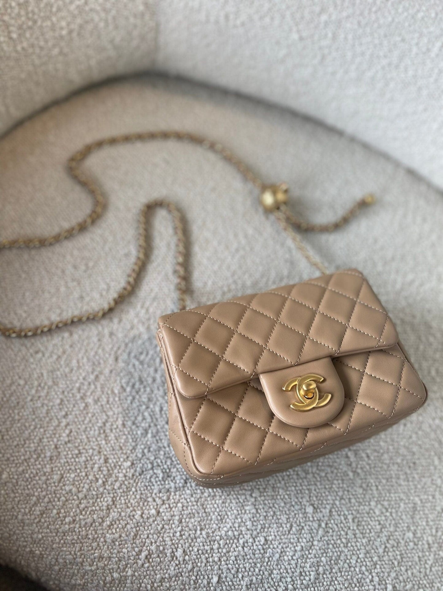 Dark Beige Lambskin Quilted Pearl Crush Mini Aged Hardware