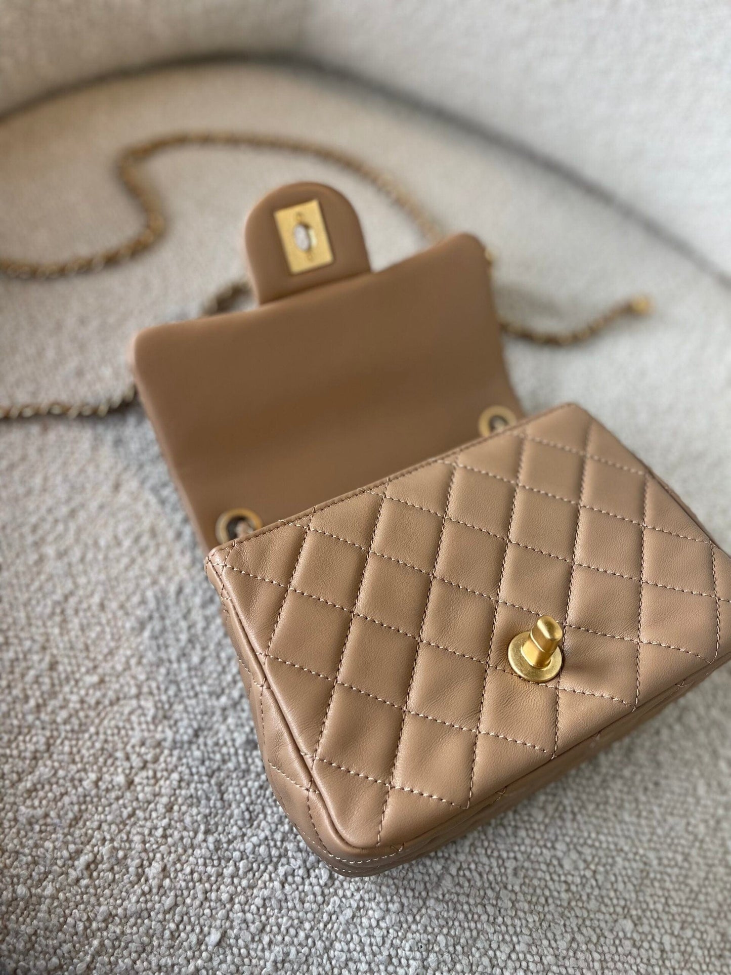 Dark Beige Lambskin Quilted Pearl Crush Mini Aged Hardware