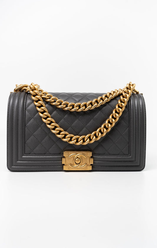 Dark Grey Boy Bag Old Medium Caviar Quilted w/ Aged Gold Hardware