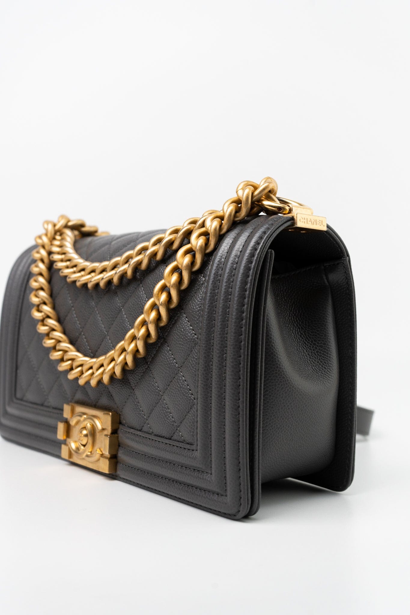 Dark Grey Boy Bag Old Medium Caviar Quilted w/ Aged Gold Hardware