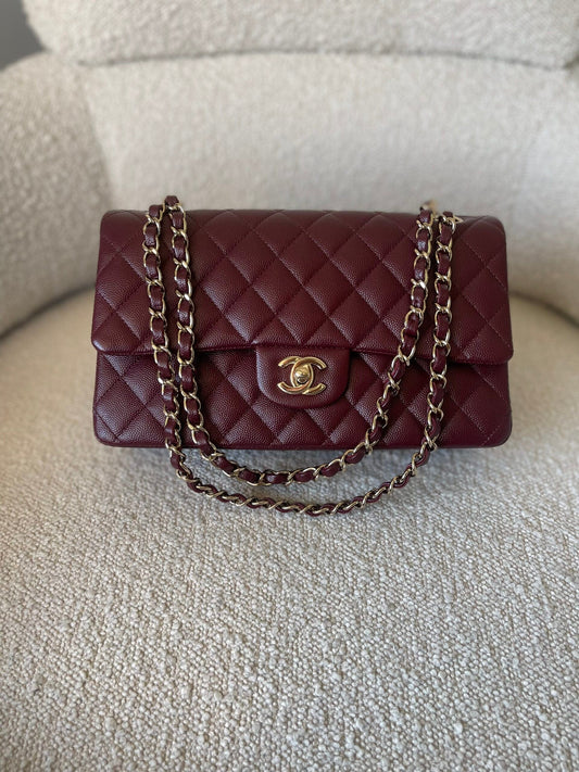 Dark Red/Maroon Caviar Quilted Classic Flap Medium LGHW