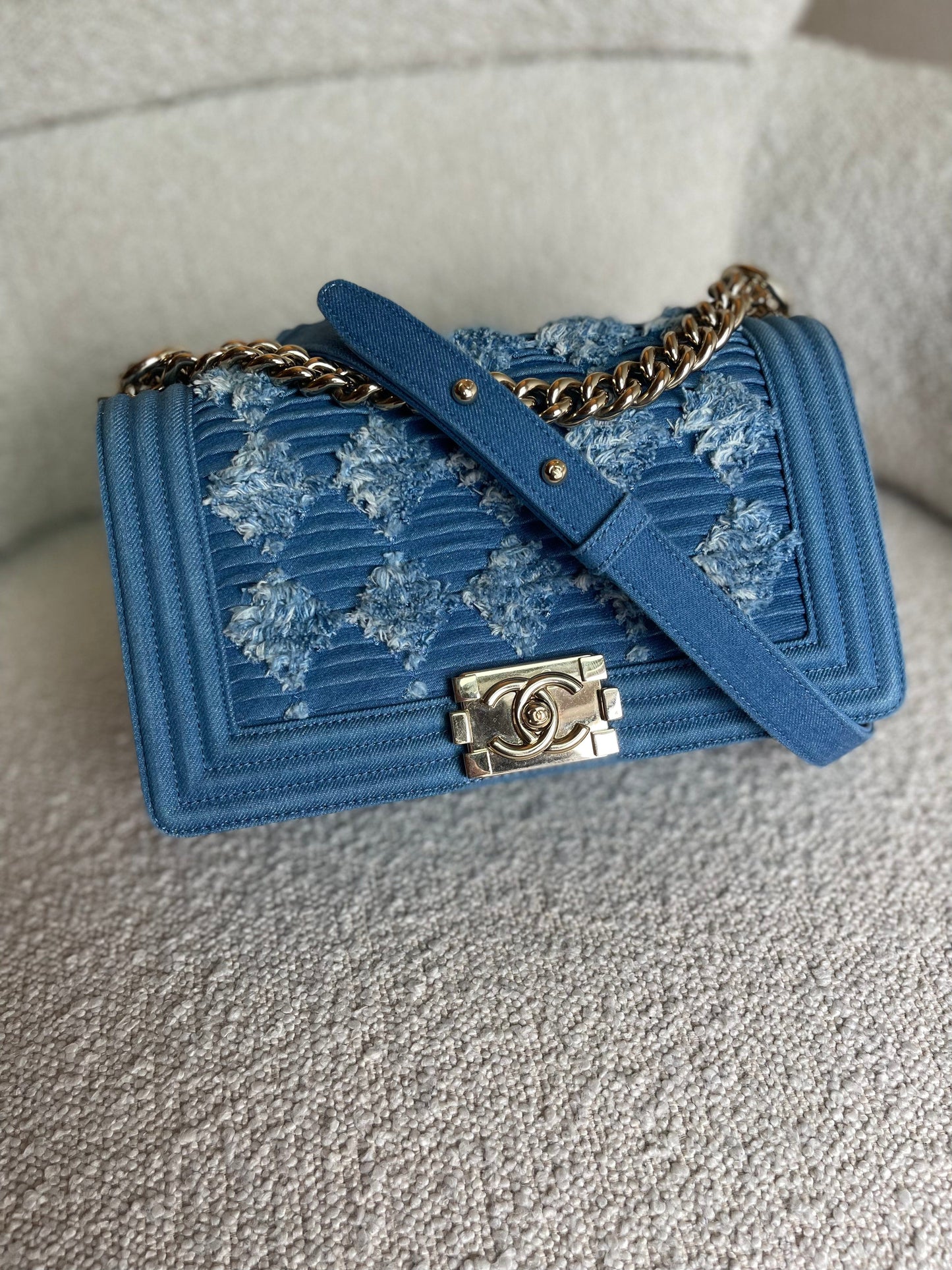 Denim Pleated Old Medium Light Blue Boy Bag